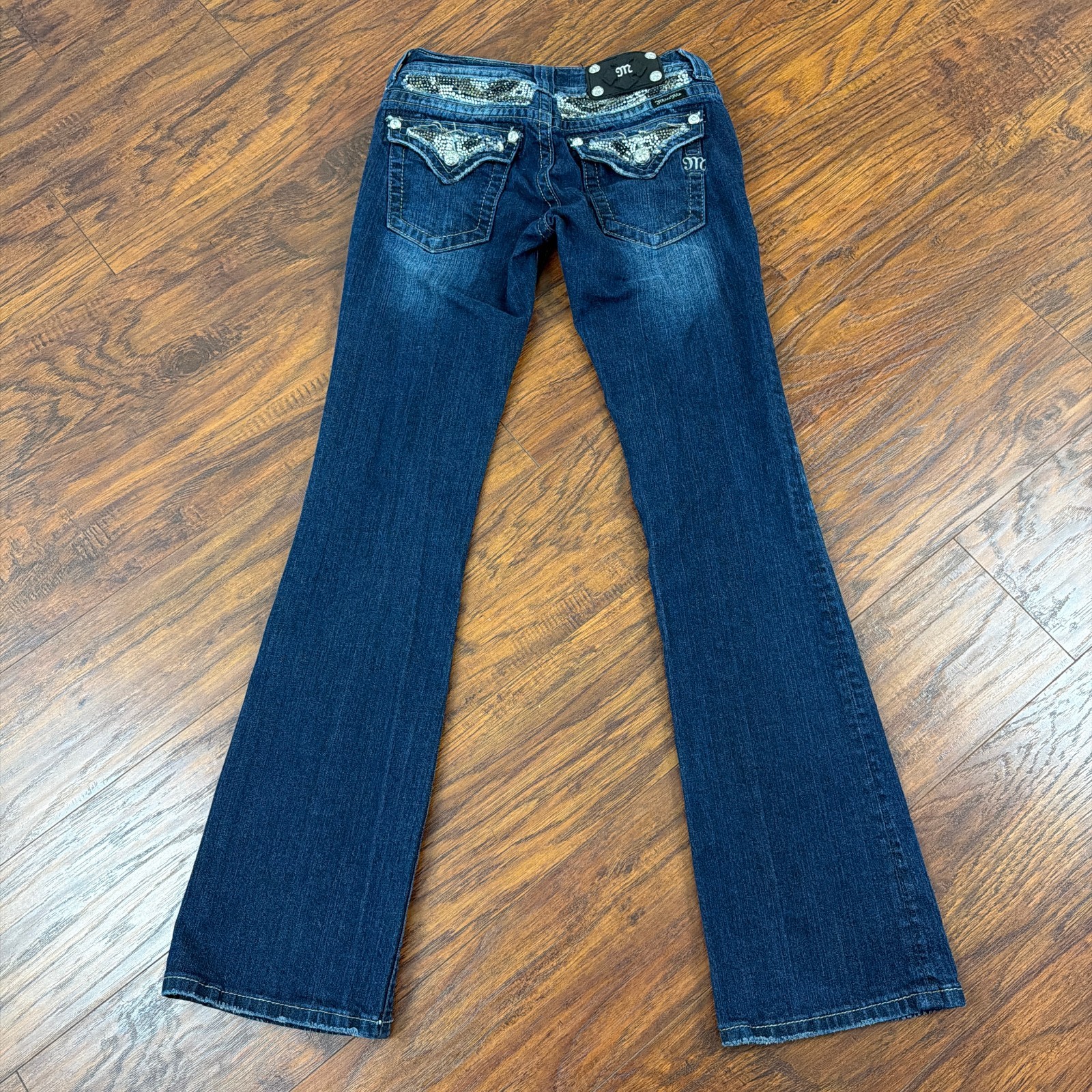 Miss Me Jeans Womens 26 Boot Cut Low Rise Dark Wash Fade Stretch Denim 26x33