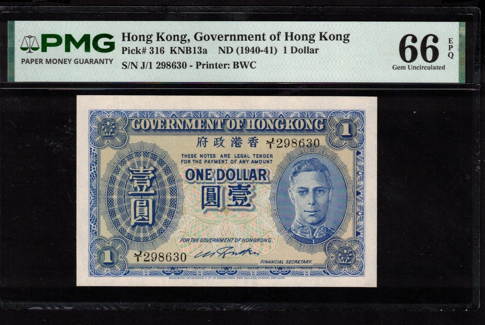 Hong Kong 1940-1941 $1 One dollar banknote J/I 298630 P-316 PMG GEM UNC-66