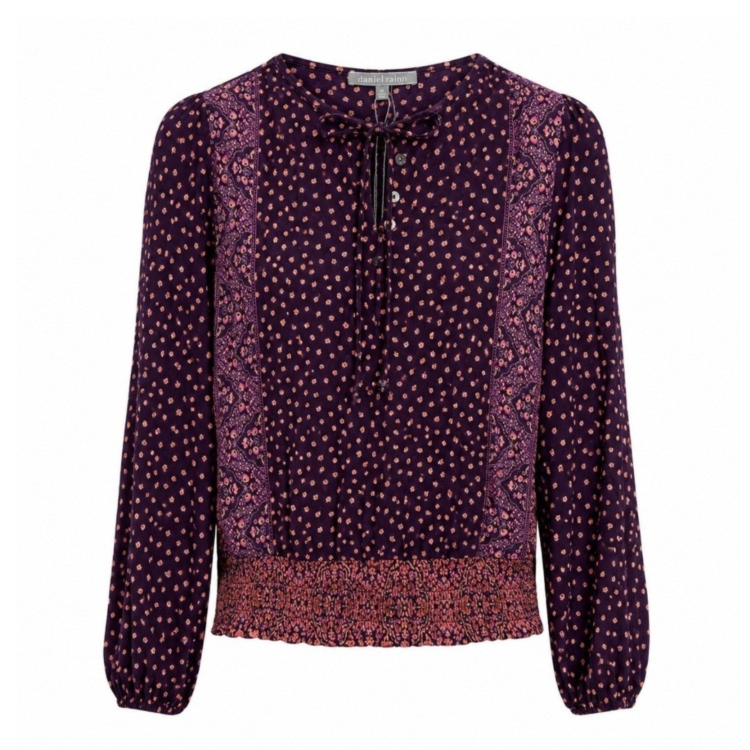 Daniel Rainn Colie Printed Henley Knit Top Dark Purple Floral Smocked Hem XL NWT