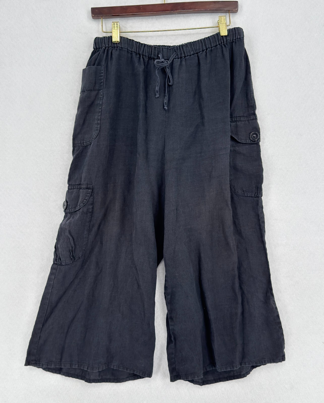 FLAX Washed Black Woven Linen Relaxed Wide Leg Drawstring Cargo Crop Pants Sz S
