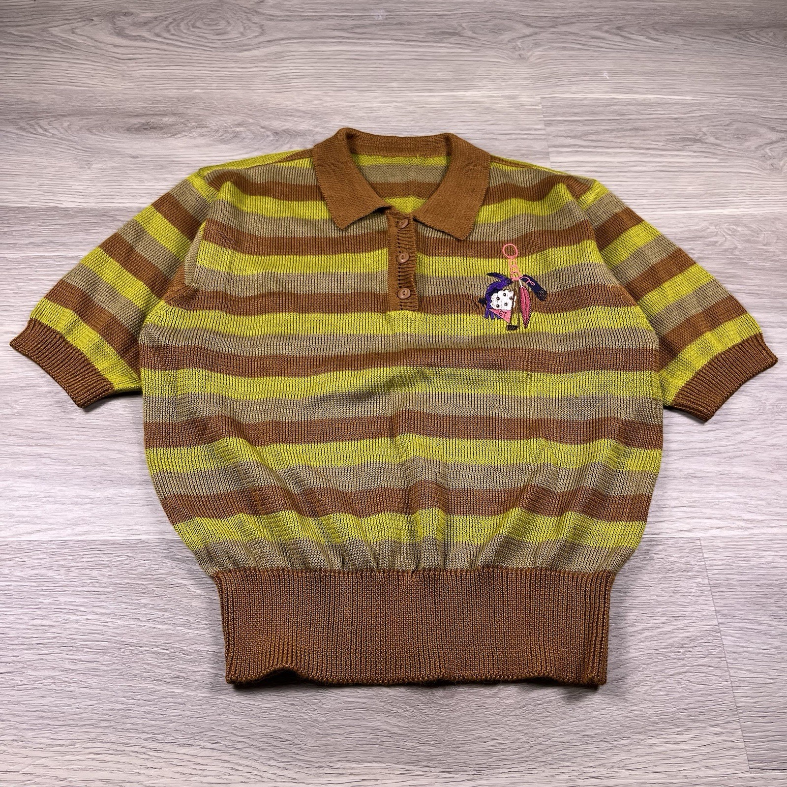 Vintage 70s Acrylic Knit Yellow And Brown Striped Polo Shirt Size M Mens