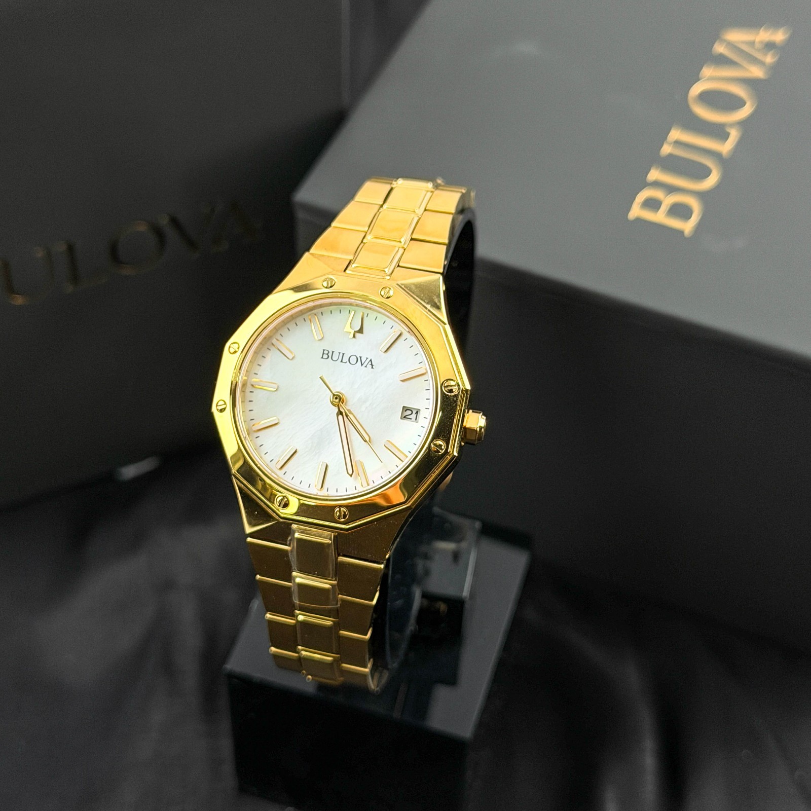 Bulova Ladies Prestige 97M119 White Mother of Pearl Dial Gold-Tone Watch 32mm