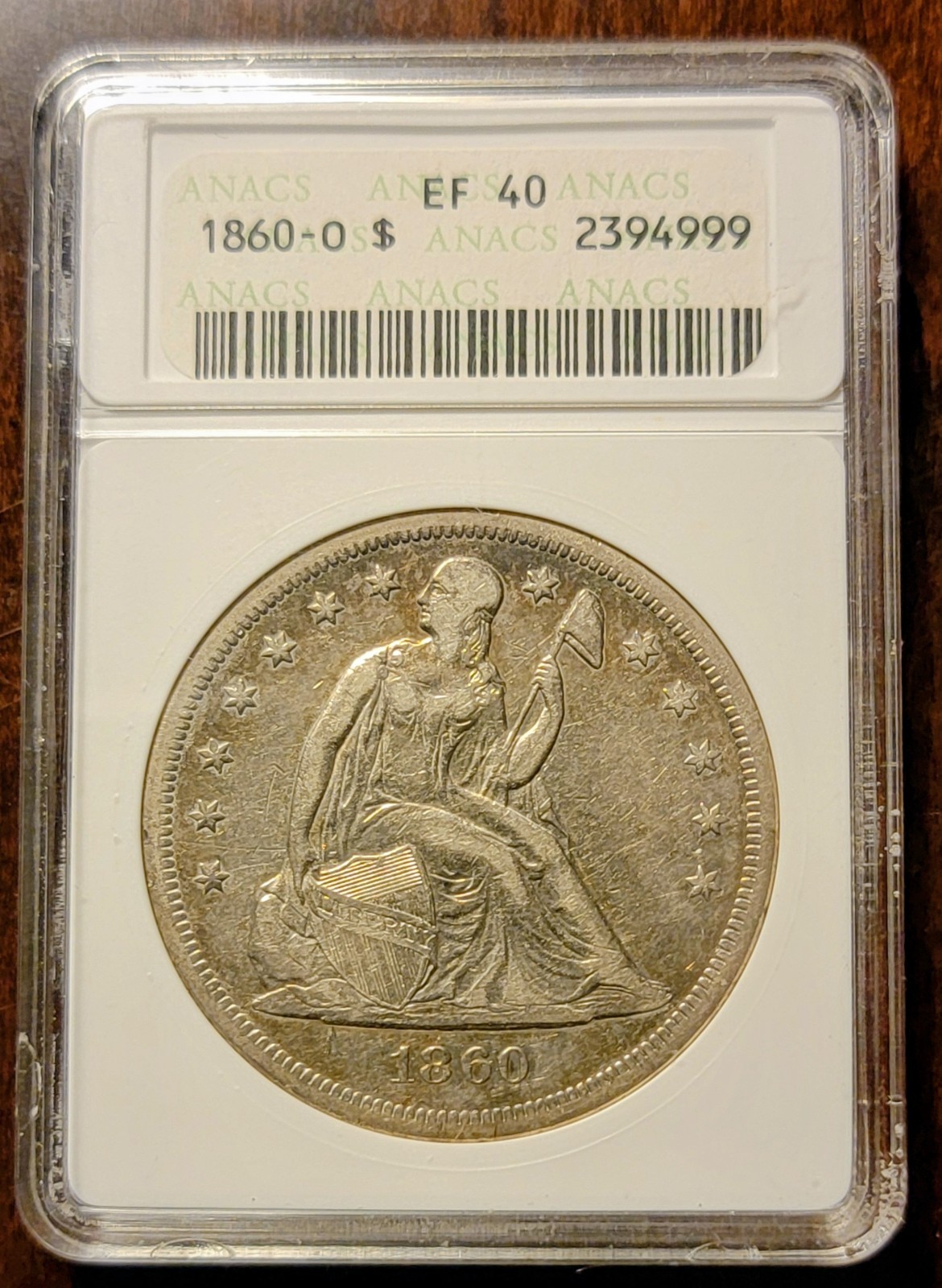 1860 O Seated Liberty Silver Dollar $1 ANACS EF 40 Soap Box