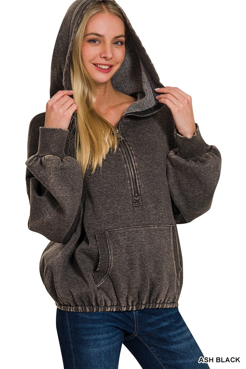 ZENANA ASH BLACK WASHED DRAWSTRING HEM HALF ZIP KANGAROO HOODIE SWEATSHIRT 4559