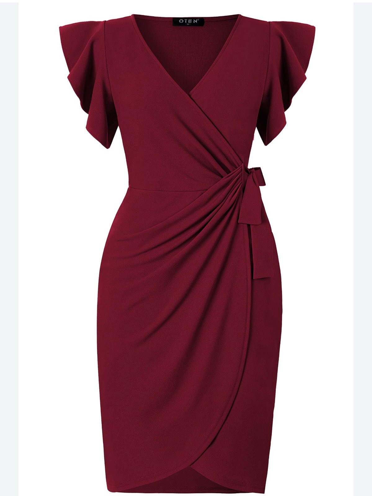 oten Women\'s Deep V Neck Flutter Sleeve Faux Wrap Dress Size XL Burgundy NWT