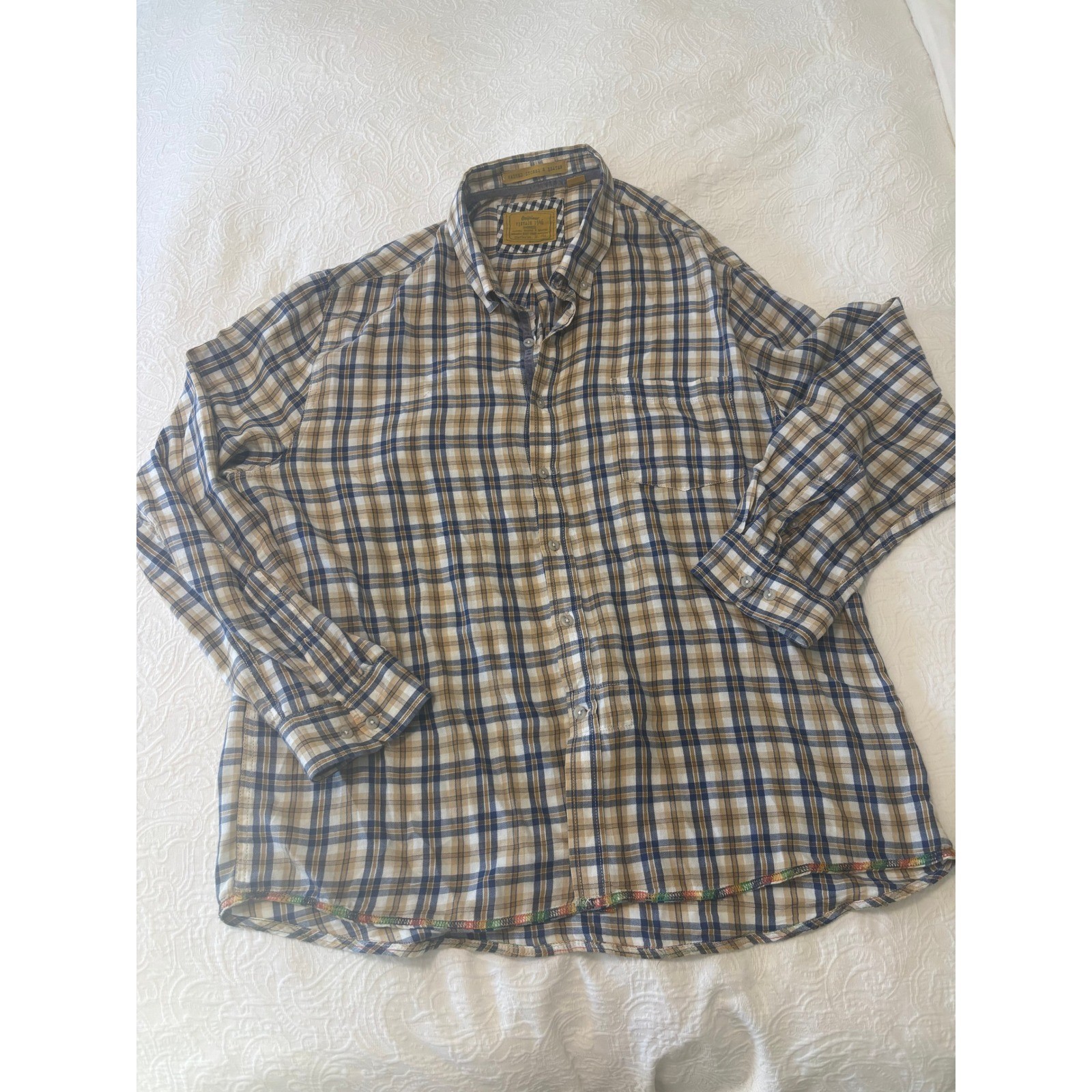 Vintage 1946 Mens XXL Blue Tan Plaid Button Down Shirt