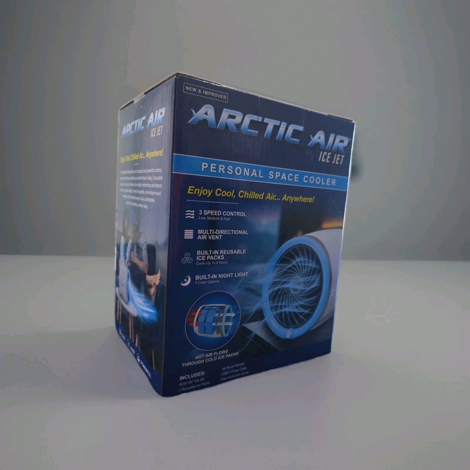 Arctic Air Ice Jet Personal Air Cooler 3-Speed with Reusable Ice Packs LEDLight