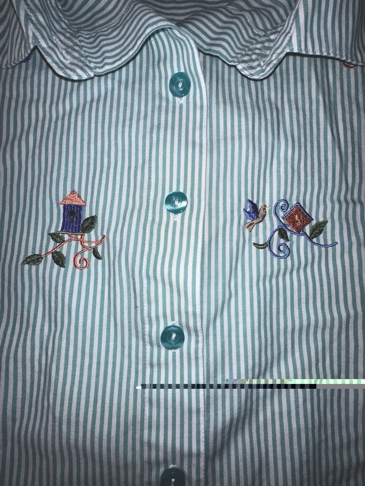 Vtg.women’s Sz S Pinstriped Embroidered Birds Button Up Cottagecore Camp Shirt