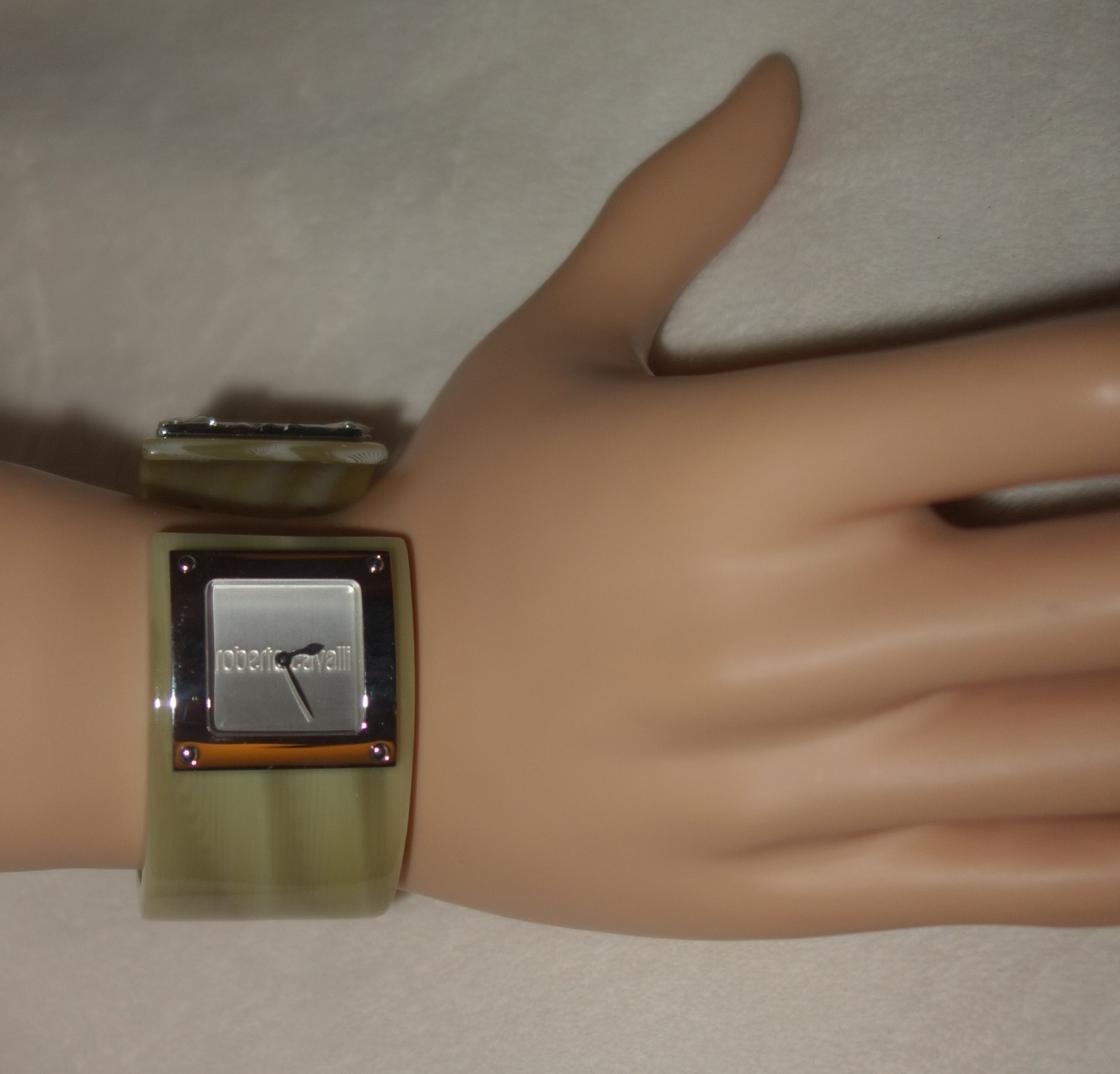 ROBERTO CAVALLI Green Resin Silver Tone Accent Cuff Bracelet Watch NEW