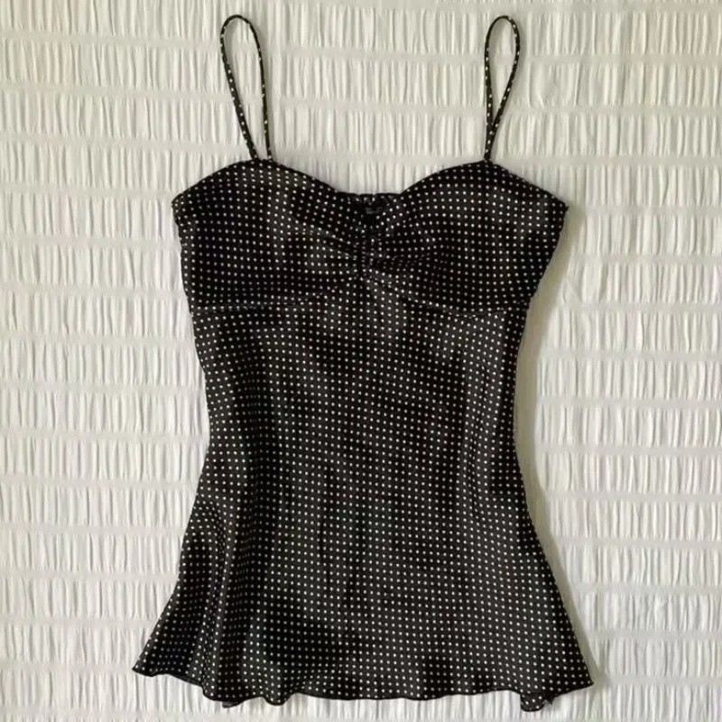 French Vintage Polka Dot Camisole Vest Women Summer Folds Sleeveless Y2k Crop