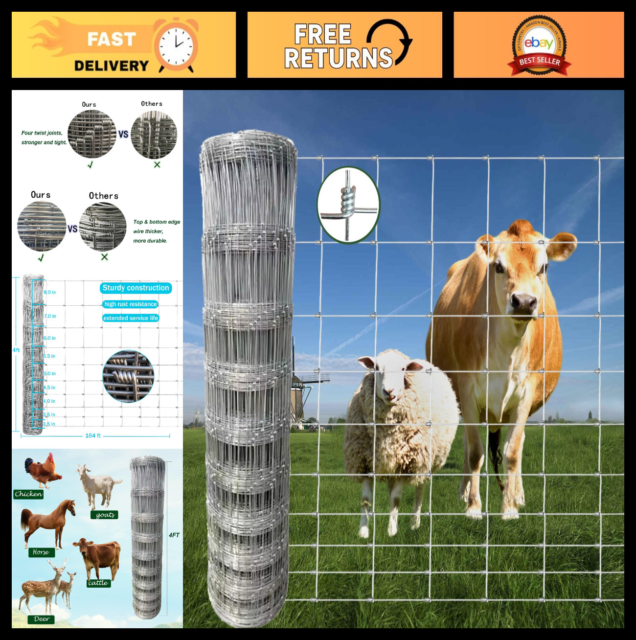 Durable 4ft x 164ft Galvanized Wire Fencing for Goat, Sheep, Deer & Garden
