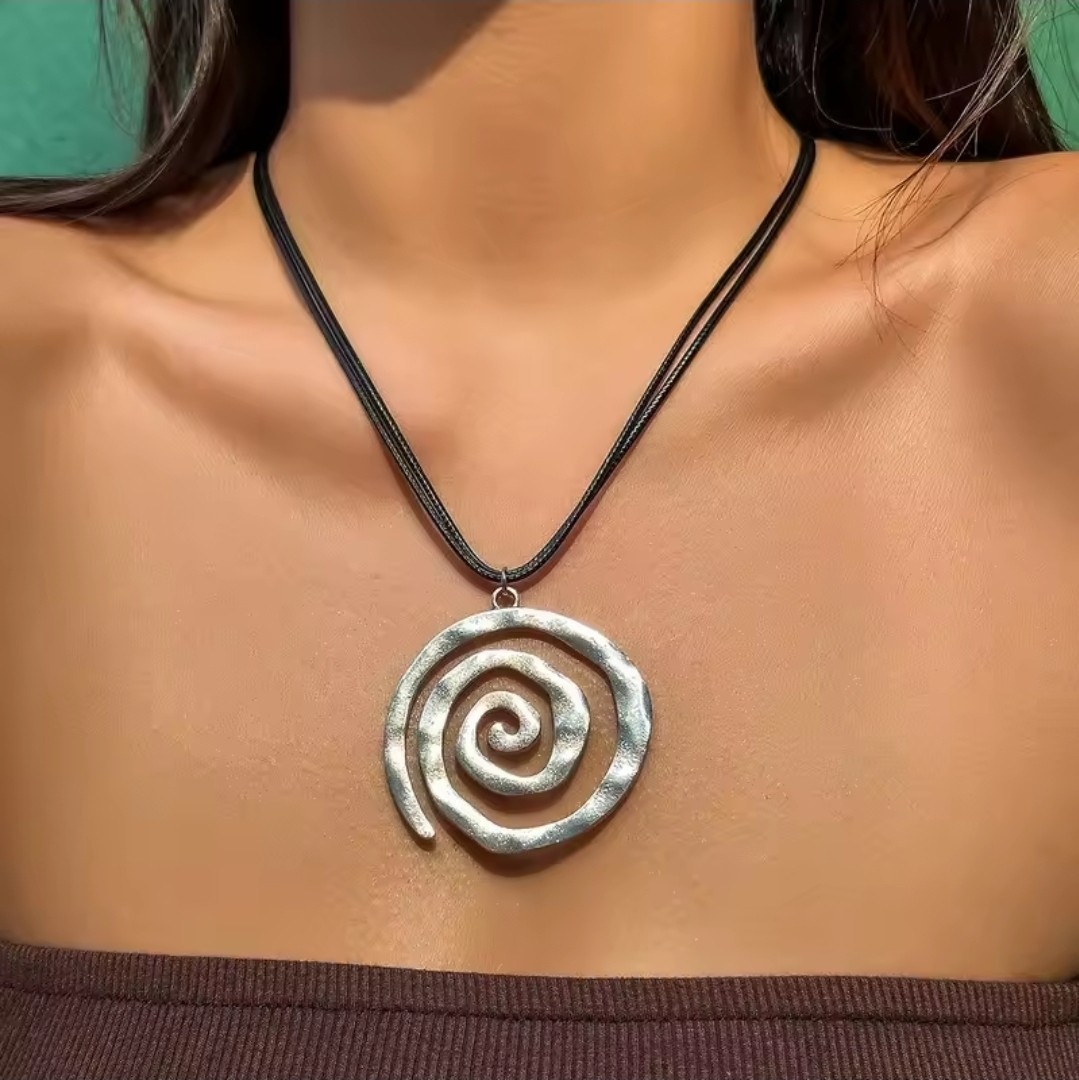 Boho Spiral Swirl Pendant Necklace – Silver Tone Statement Jewelry on Black Cord
