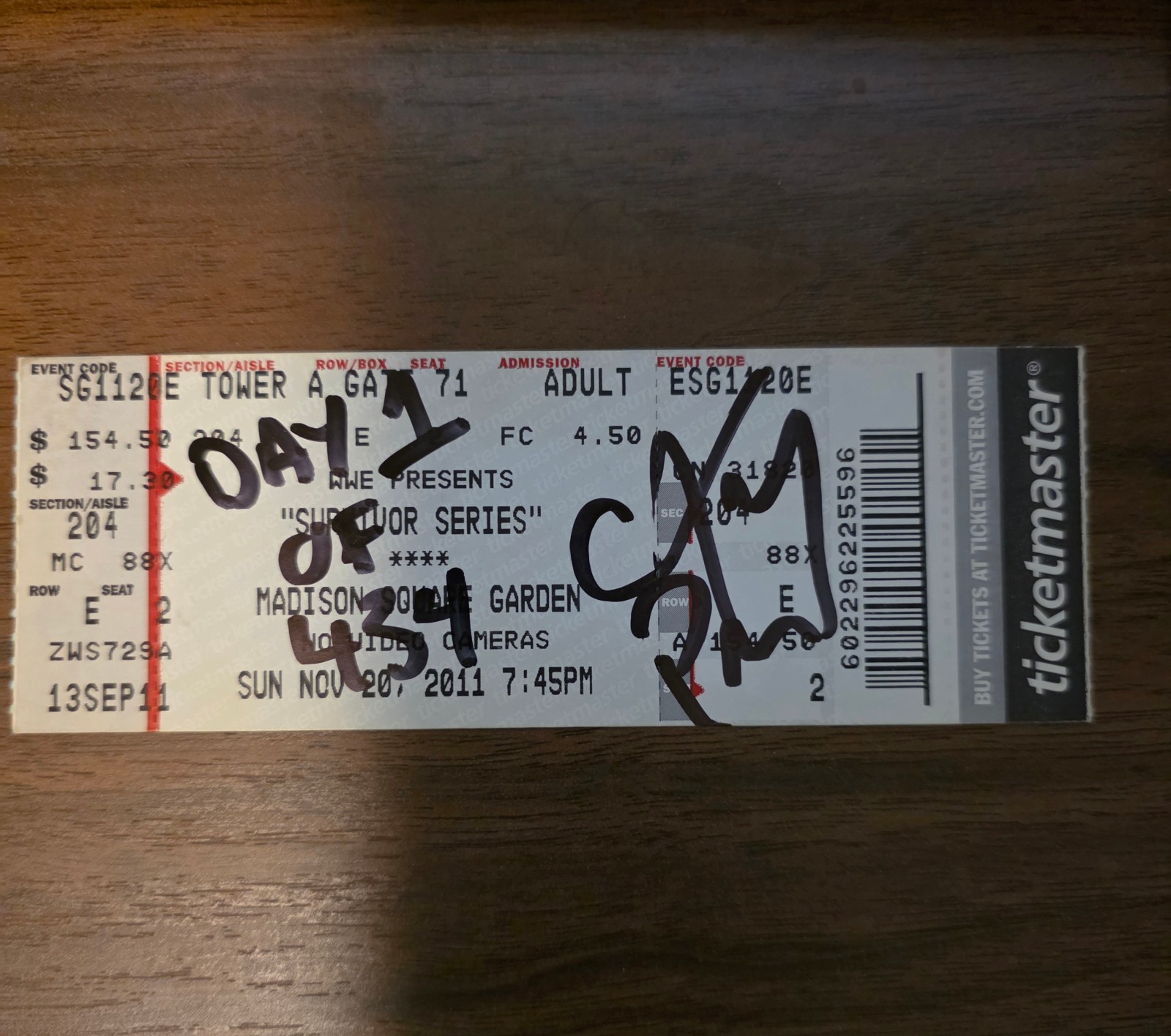 WWE Survivor Series 2011 MSG Ticket Stub Signed CM Punk With Inscription WWE Survivor Series 2011 MSG Ticket Stub Signed CM Punk With Inscription
