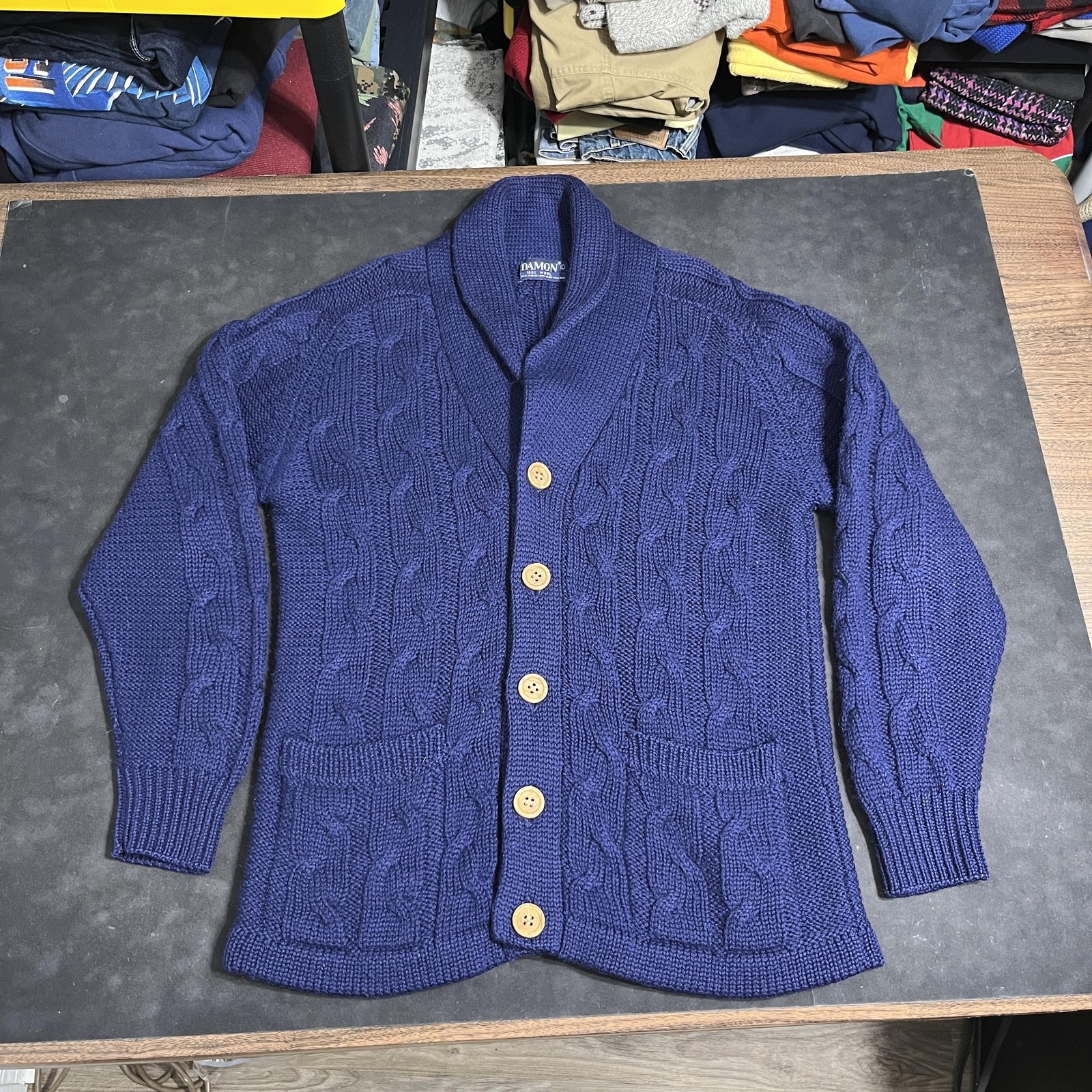 Vintage Damon Wool Sweater Cardigan Mens Large Blue Shawl Collar Hong Kong