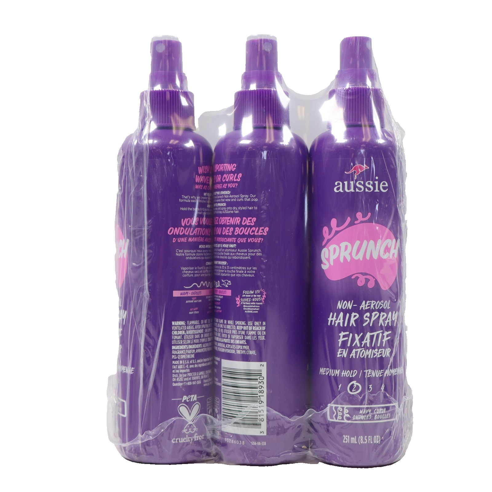 3 PACK Aussie SPRUNCH Non-Aerosol Hair Spray for Curly or Wavy Hair, 8.5oz Each