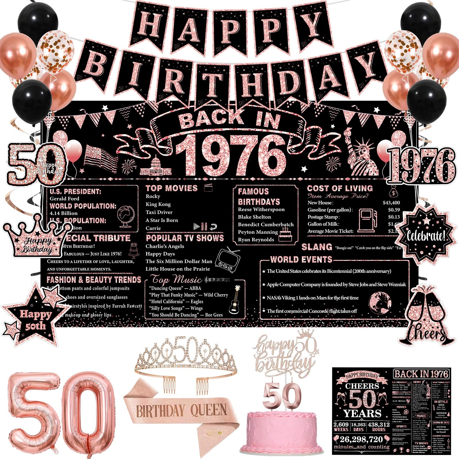 50th Birthday Decorations, Rose Gold Black Back in 1976 Party Supplies Kit with 50th Birthday Decorations, Rose Gold Black Back in 1976 Party Supplies Kit with