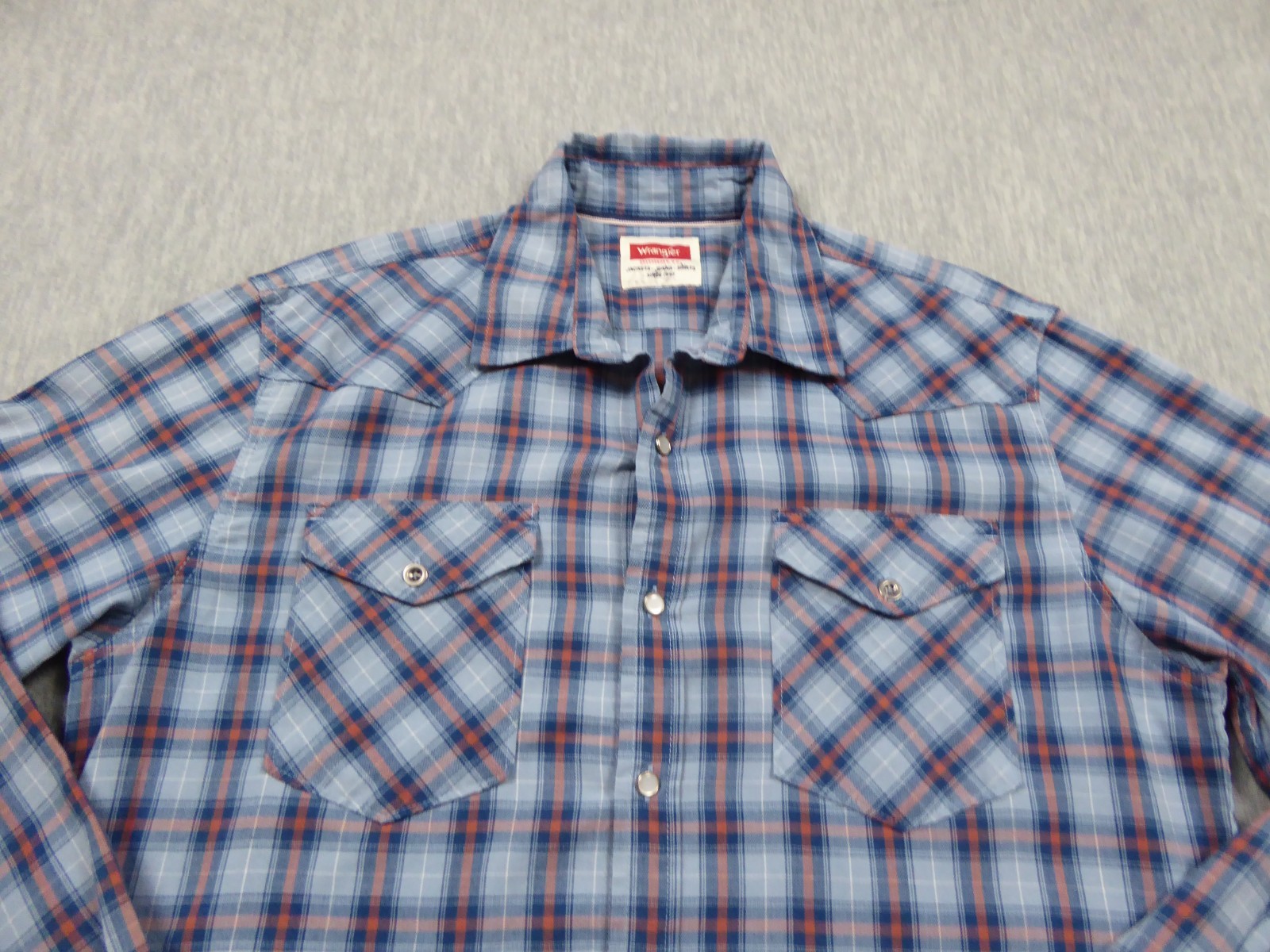 Wrangler Western Pearl Snap Shirt Men Large Blue Rust Plaid Long Sleeve Cowboy