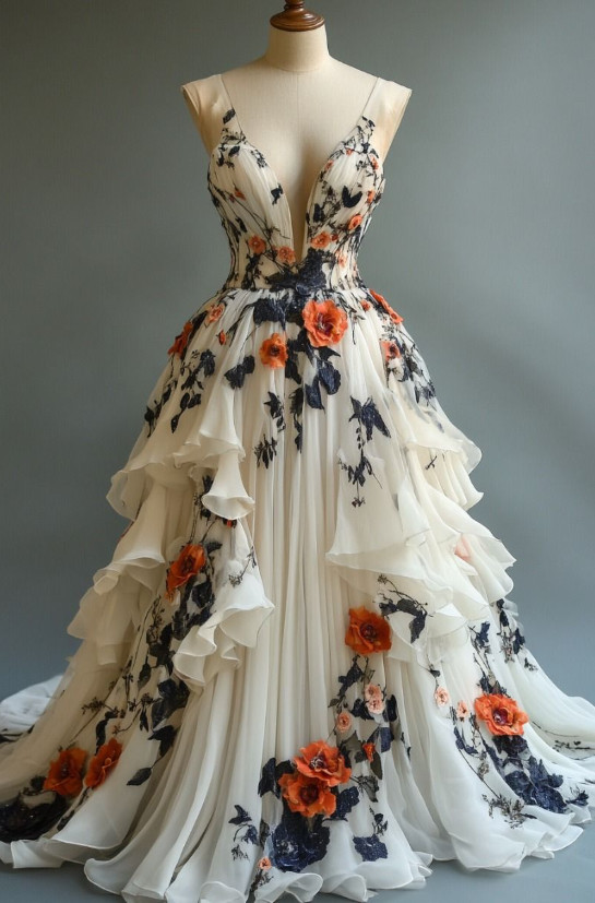 Vinatge Champagne Wedding Dresses V Neck with Florals Tiered A Line Bridal Gowns