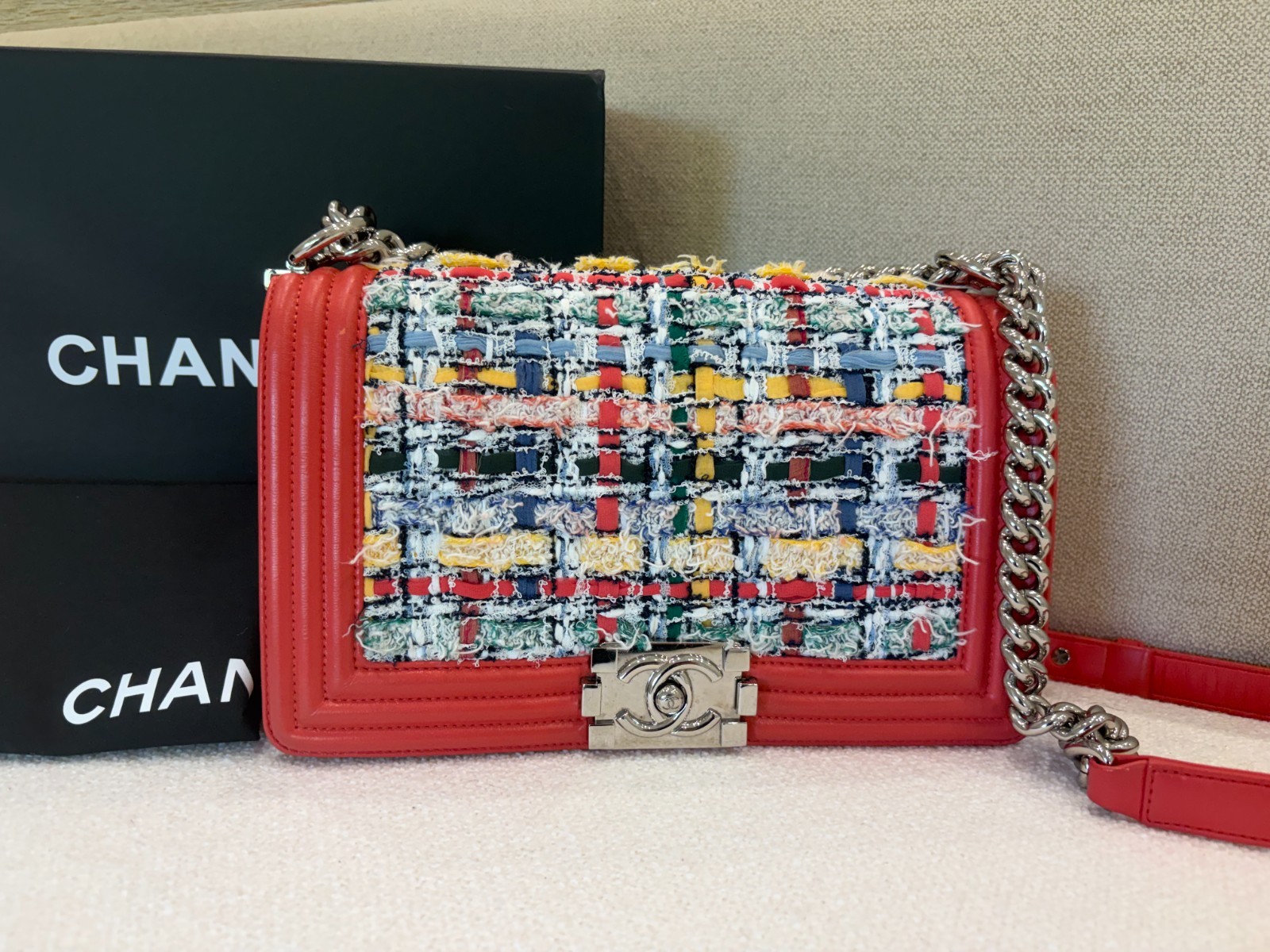 CHANEL Boy Old Medium Tweed Quilted Leather Chain Shoulder Bag NWOT Collector