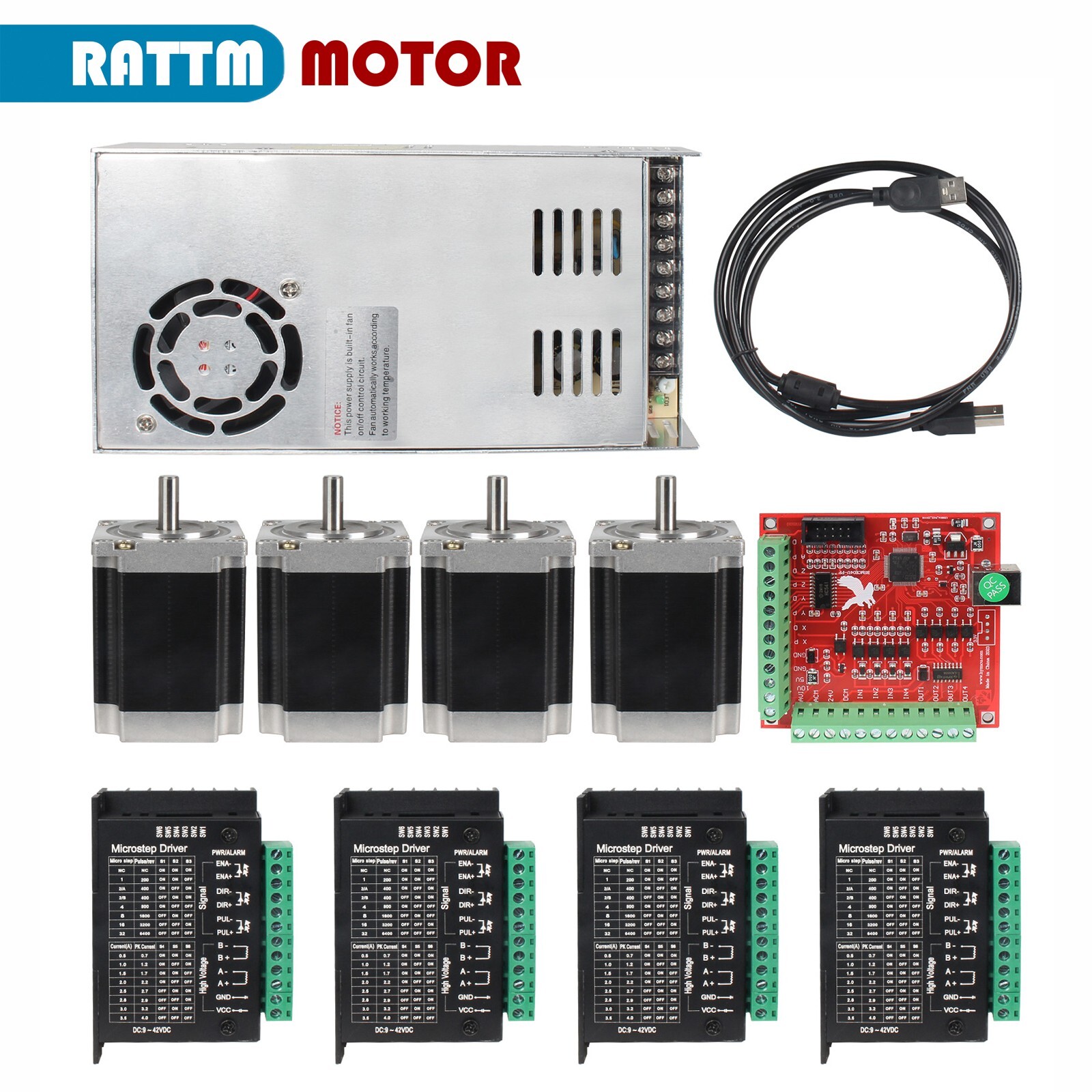US SHIP】4Axis CNC Kit Nema23 Stepper Motor+TB6600 Driver+Mach3 Card+Power Supply