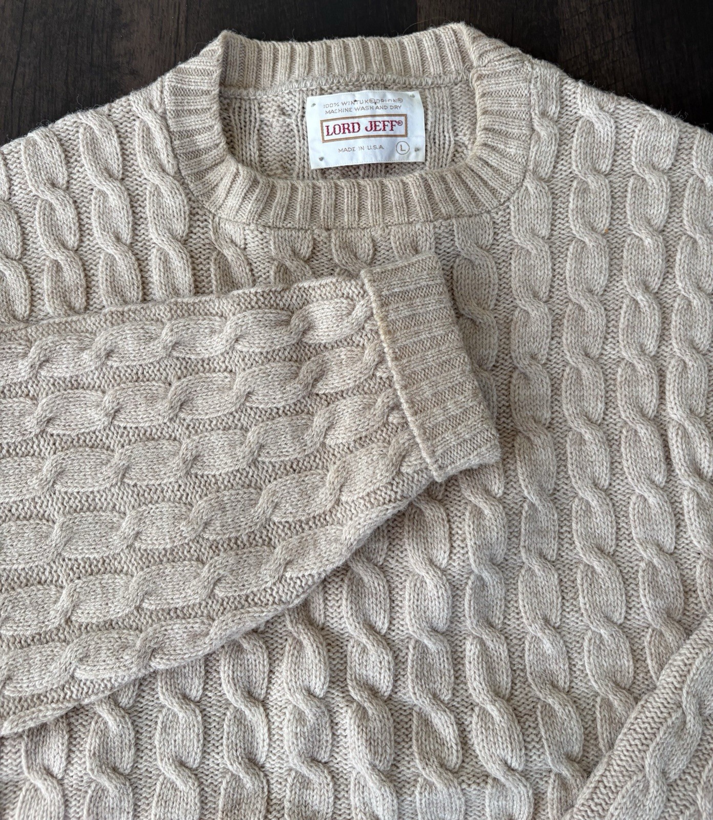 Vintage Lord Jeff Sweater Mens Large Tan Cotton Chunky Fisherman Cable Knit USA