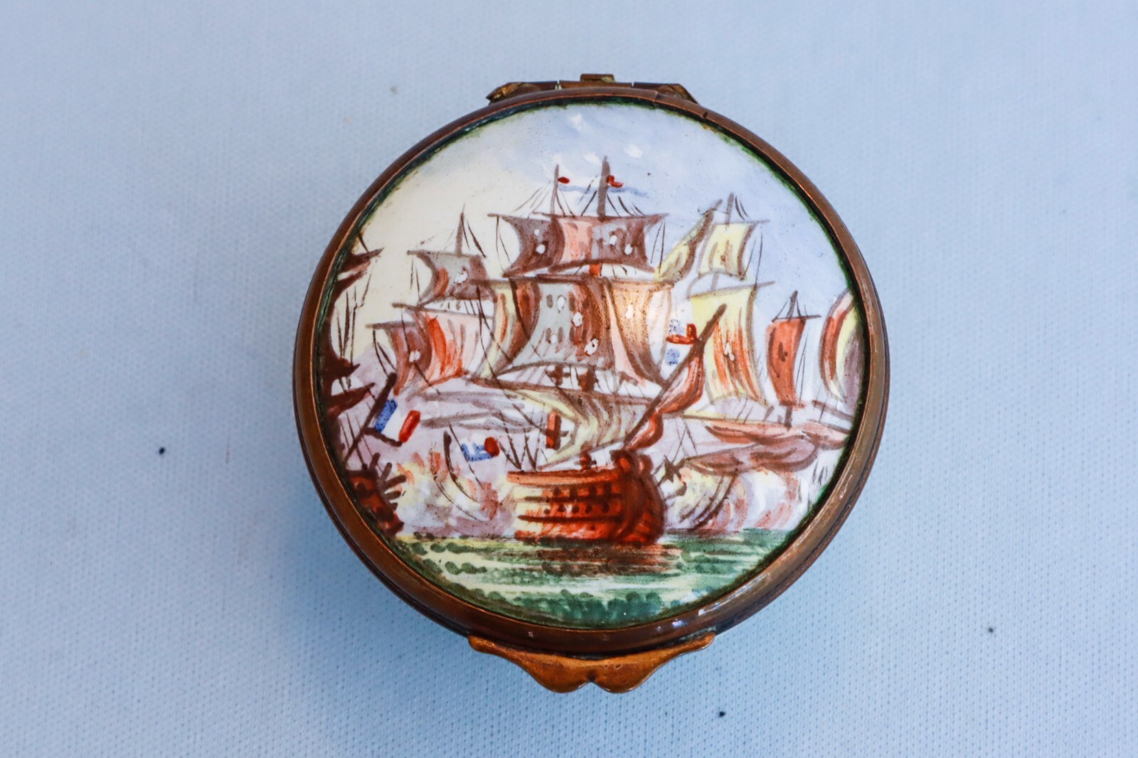 Rare 18th C Battersea Bilston Enamel Patch Trinket Box Navy Battle Warship