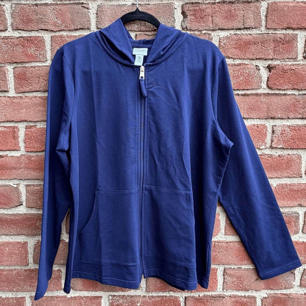 Chico\'s Weekends Full Zip Hoodie Blue Lounge Travel Athleisure Sz 2 L NEW