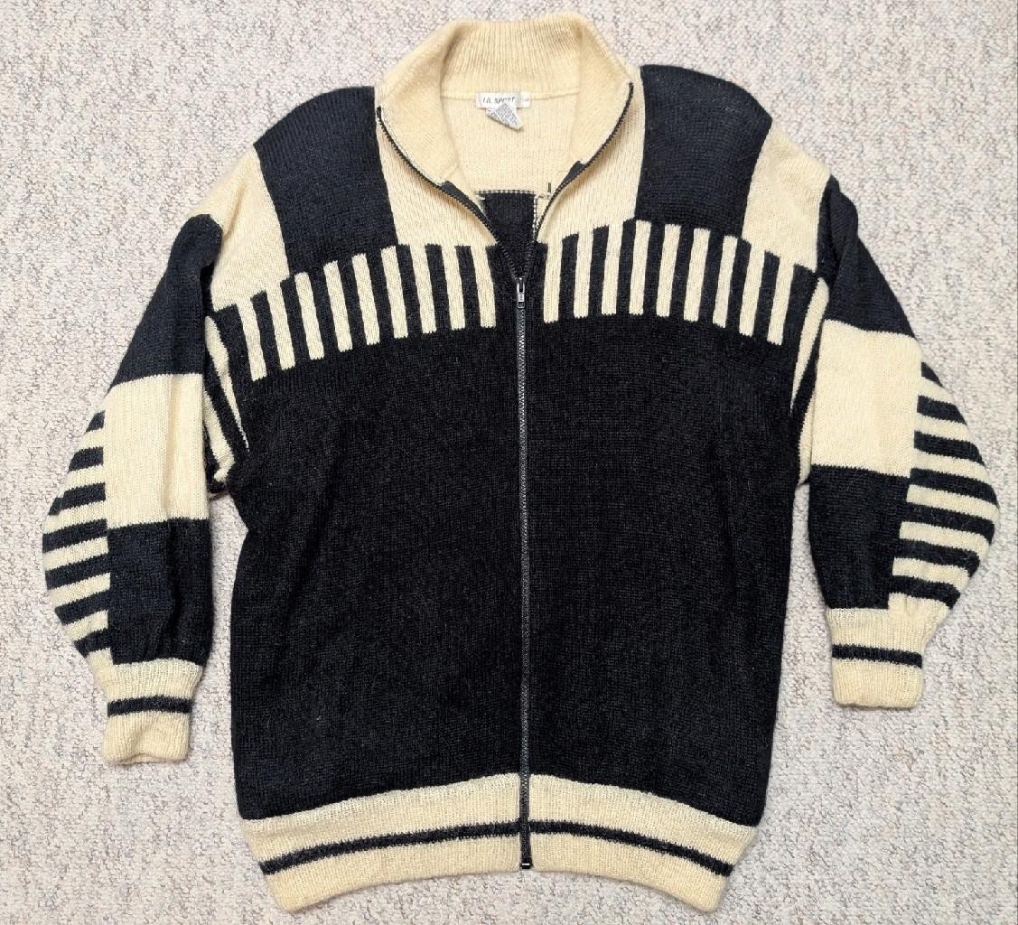 1980s-90s vintage MOHAIR sweater L black white COLORBLOCK cardigan jacket HIPHOP