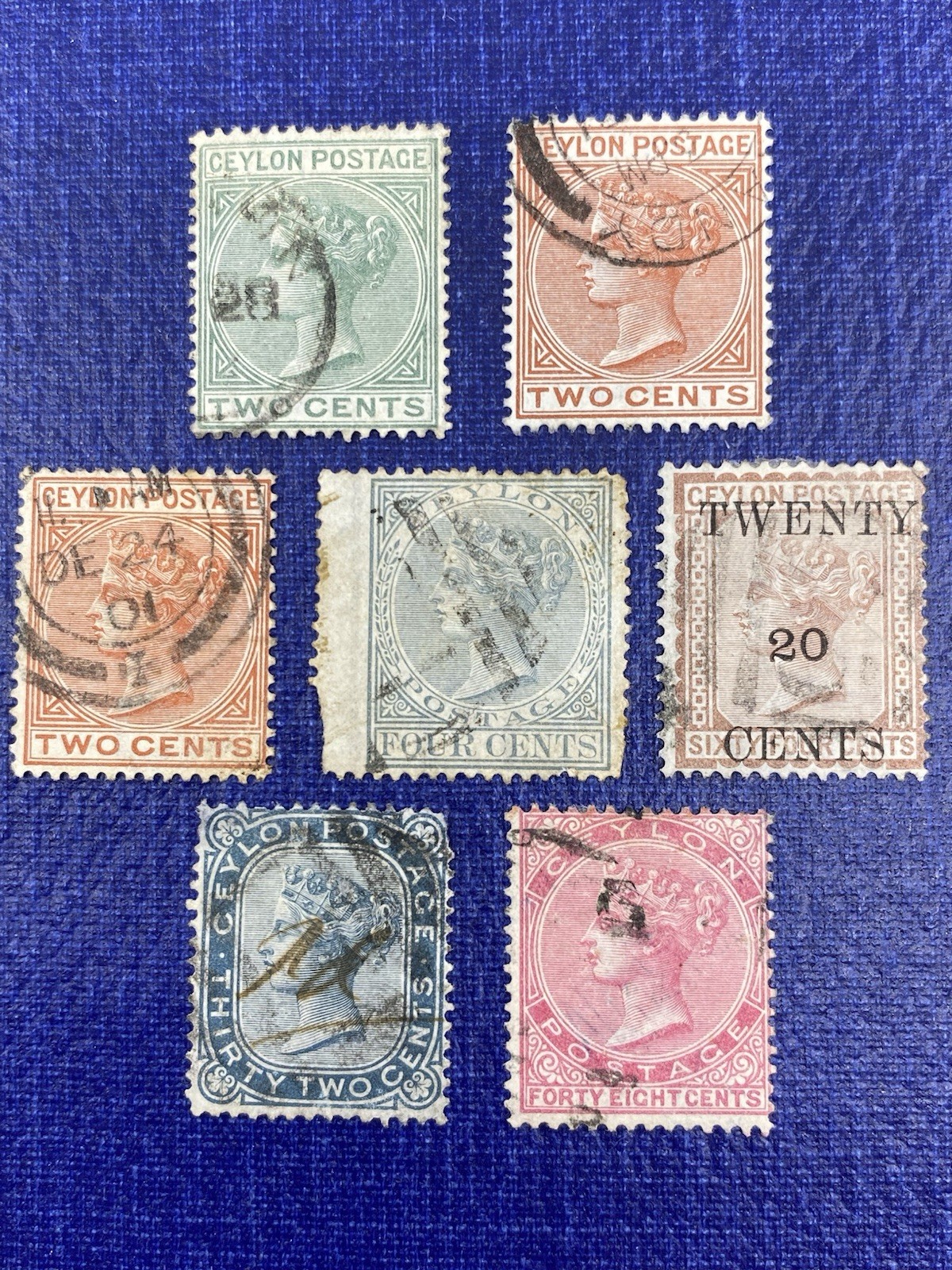 Ceylon 1872-99 Scott# 64, 69, 71, 84, 85, 86, 87, Used, Hinged.