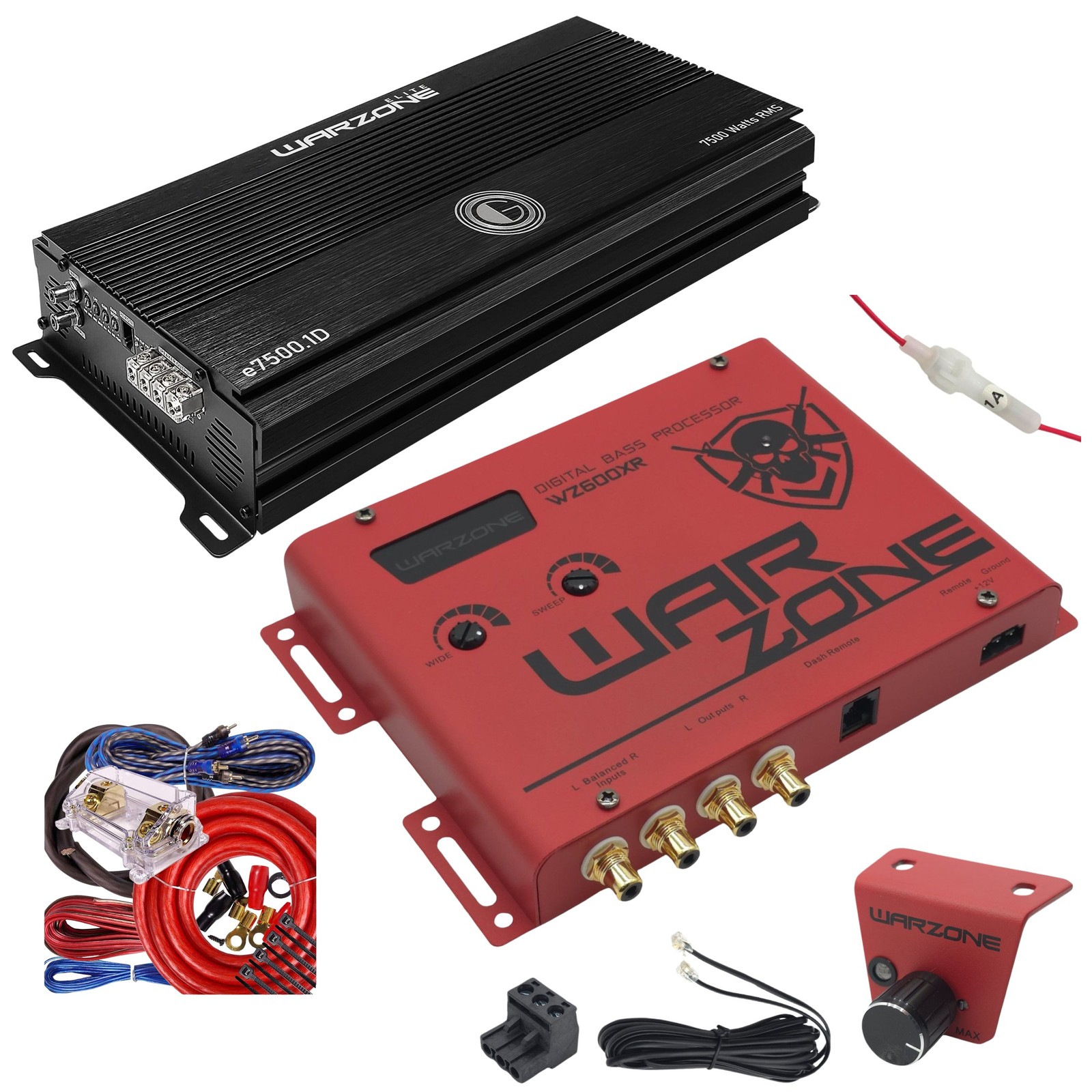 Gravity E7500.1D 7500W Amplifier + Warzone WZ600XR Bass Processor + Wiring Kit