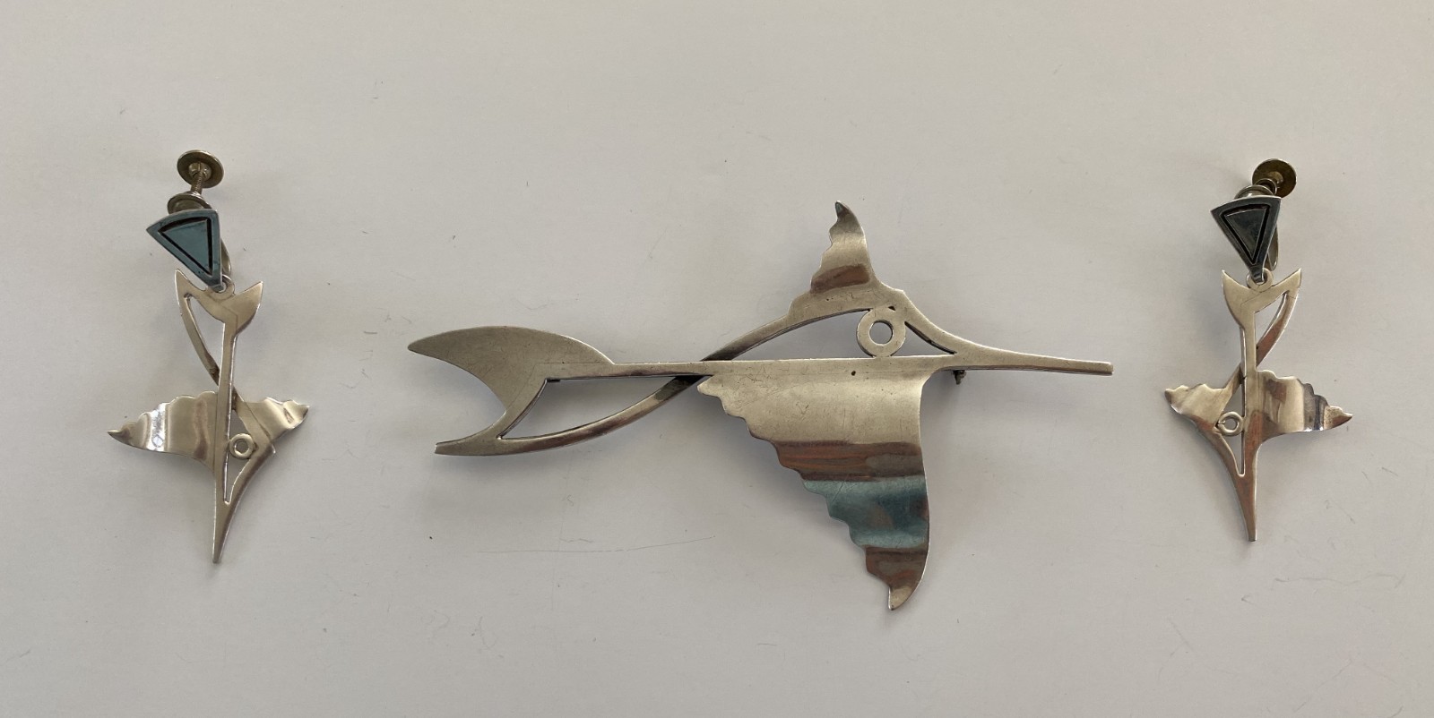 Salvador Teran Vintage Taxco Mexico Sterling Silver Fish Brooch Pin and Earrings