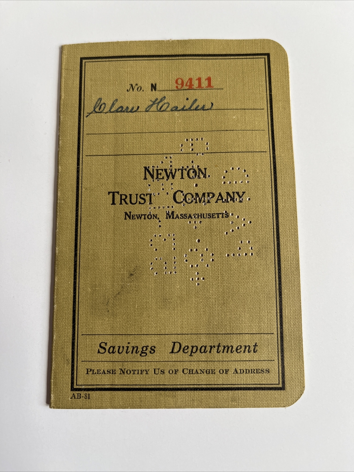 Vtg 1936-1949 Newton Trust Company Bank Savings Account Book, Ma, Mass