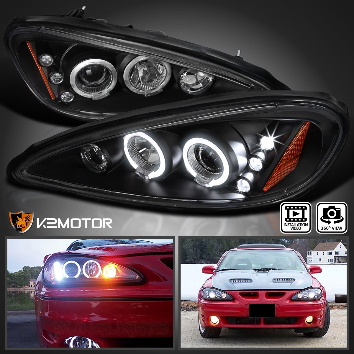 Black Fits 1999-2005 Pontiac Grand Am LED Halo Projector Headlights Left+Right Black Fits 1999-2005 Pontiac Grand Am LED Halo Projector Headlights Left+Right