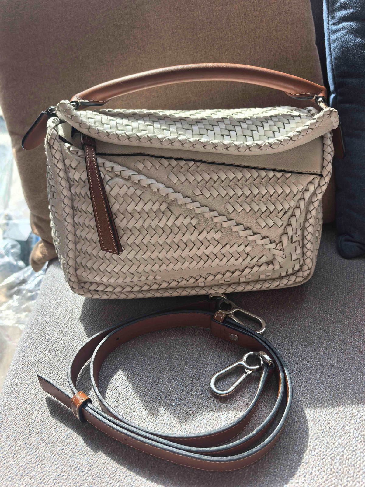 AUTH Loewe Puzzle Small White Woven Leather Silver Hardware Top Handle Bag