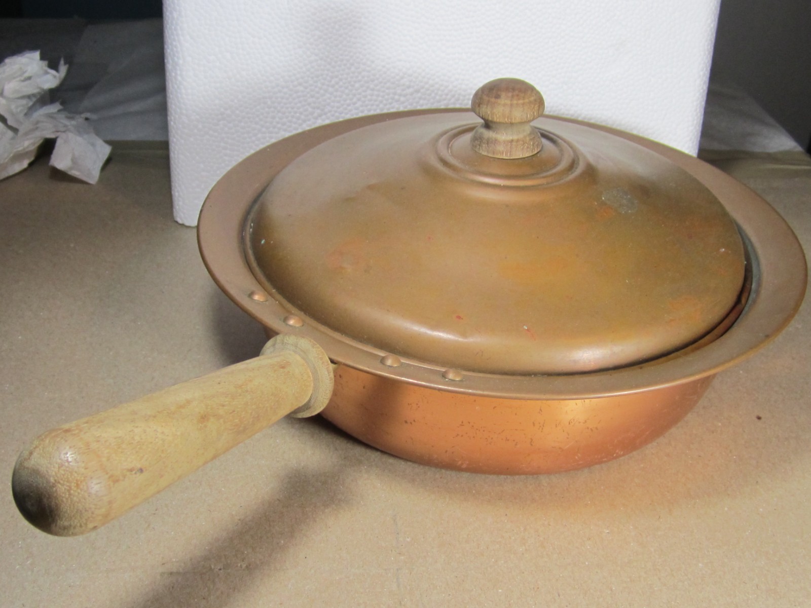 Antique French copper pan with lid ,wood & brass handles
