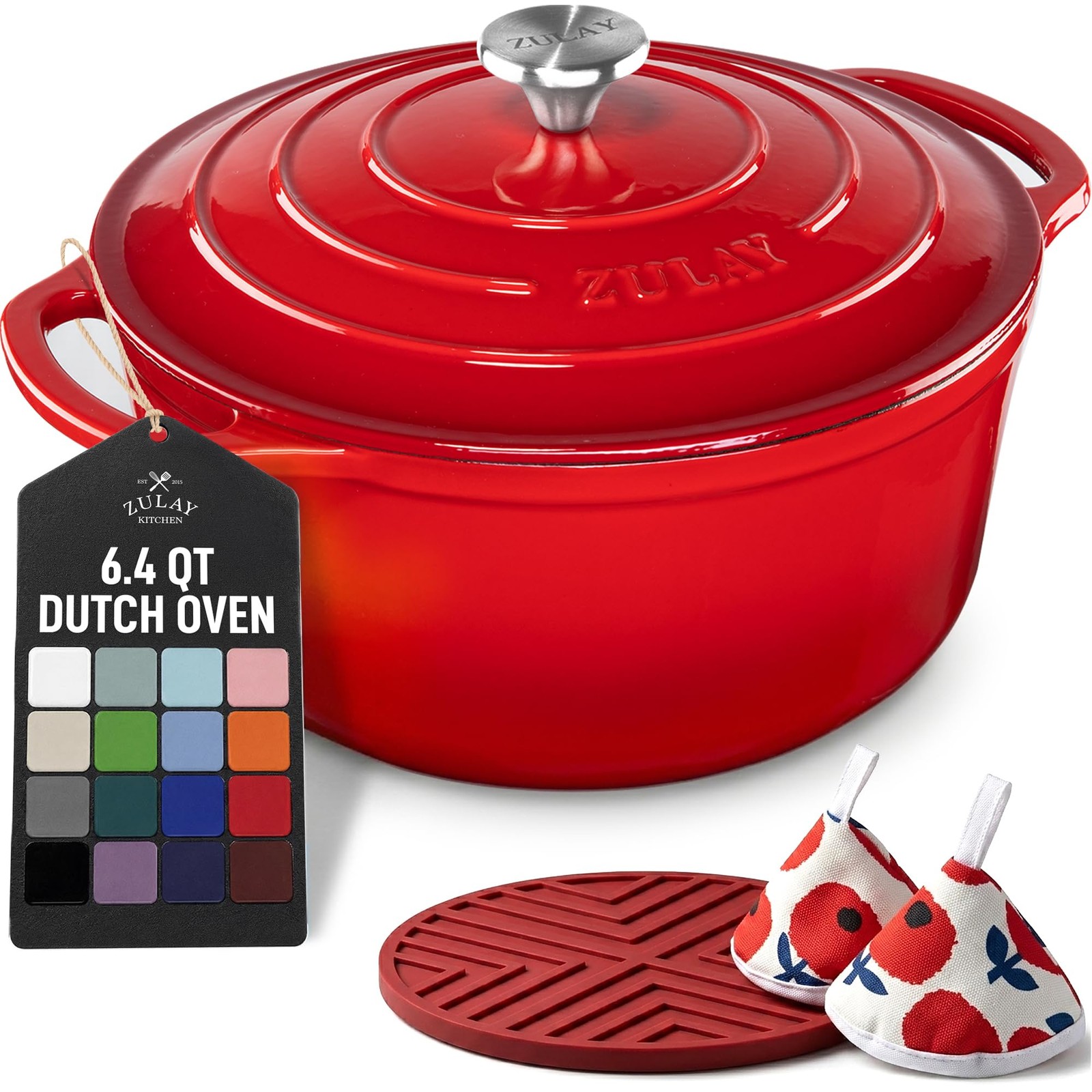 Zulay Kitchen 6.4QT Enameled Cast Iron Dutch Oven Pot with Lid Heat Pad Trivet Zulay Kitchen 6.4QT Enameled Cast Iron Dutch Oven Pot with Lid Heat Pad Trivet