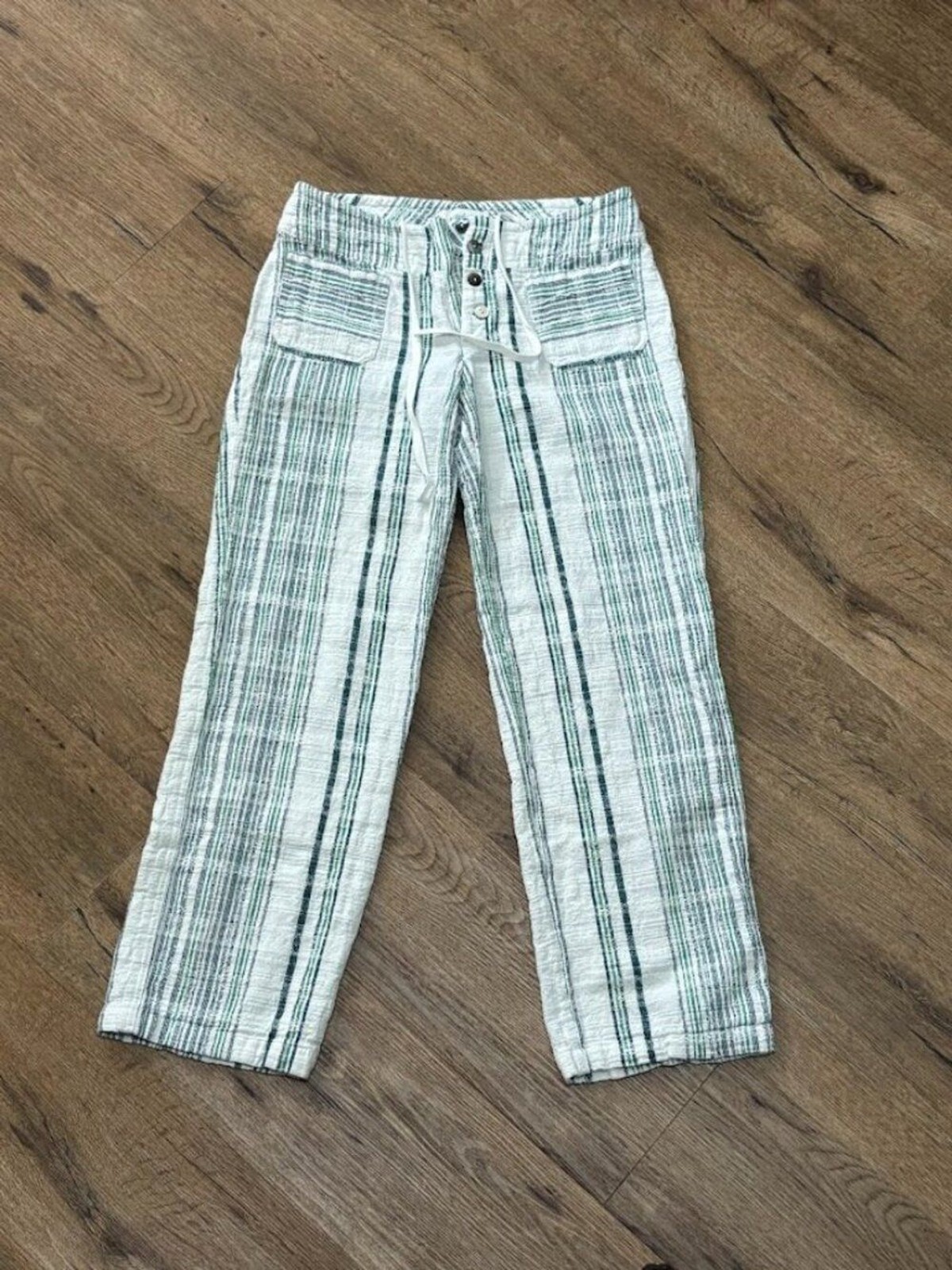 Sundance Catalog Striped Cotton Cropped Pants PXS Petite White Teal