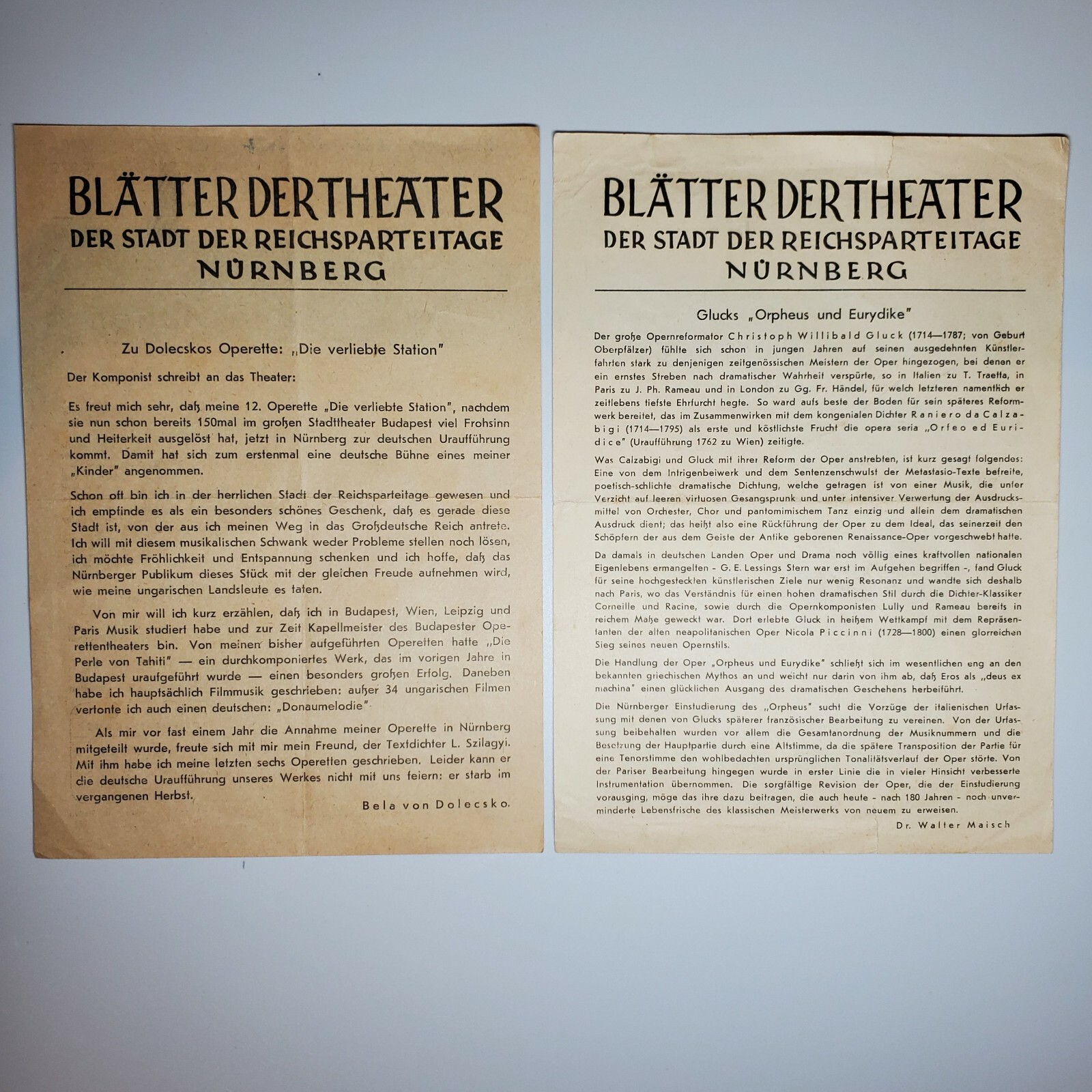 1943 Nuremberg Opera Playbills Orpheus & Die verliebte Station WWII German Opera