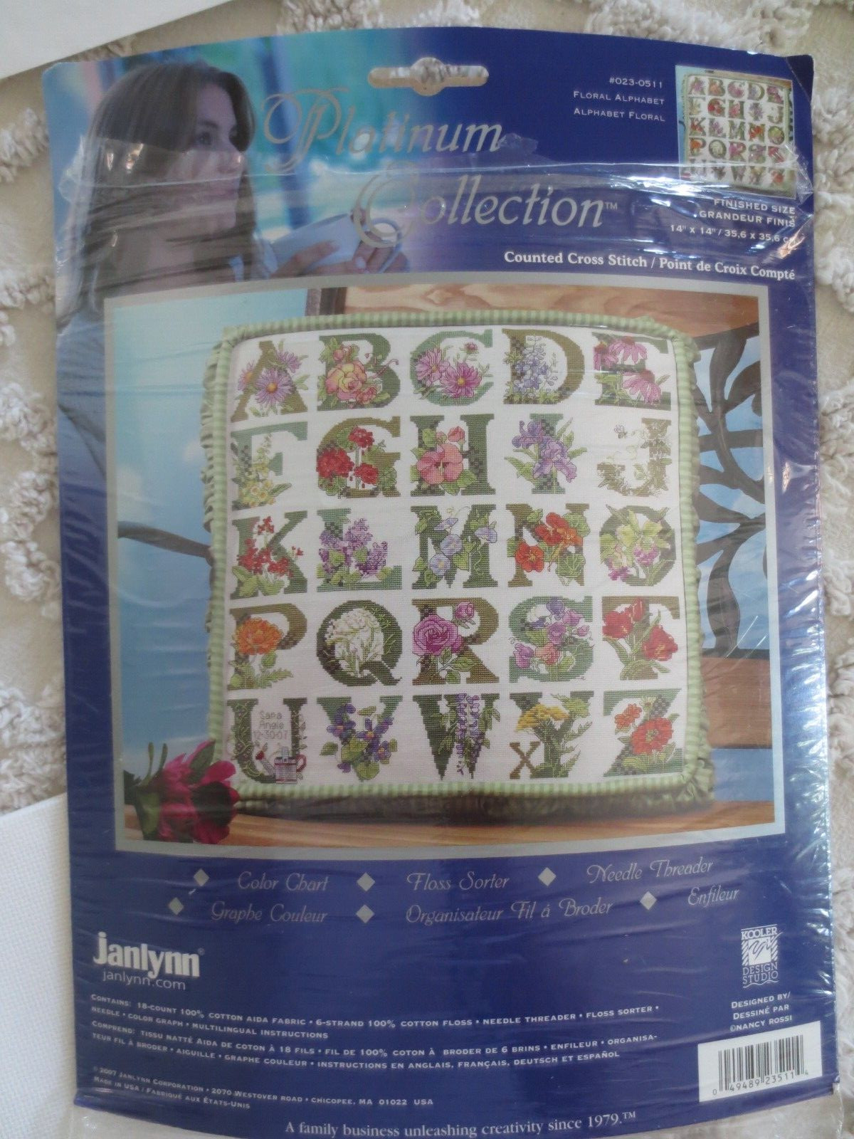 Opened JANLYNN Platinum Collection FLORAL ALPHABET Cross Stitch KIT - 14\