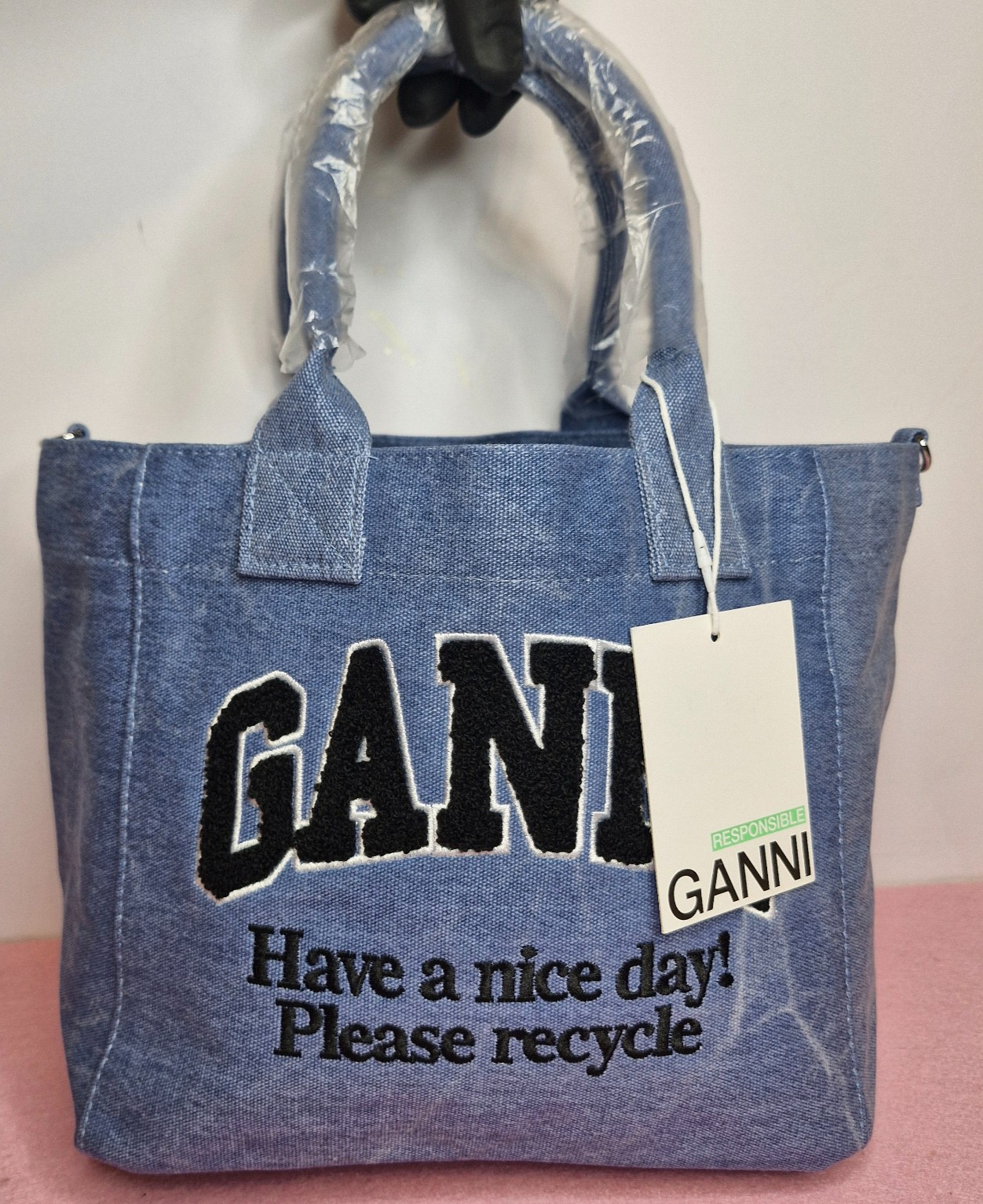 Ganni Canvas Tote Bag Baby Blue New Unused NWT Medium Size with Leather Strap Ganni Canvas Tote Bag Baby Blue New Unused NWT Medium Size with Leather Strap