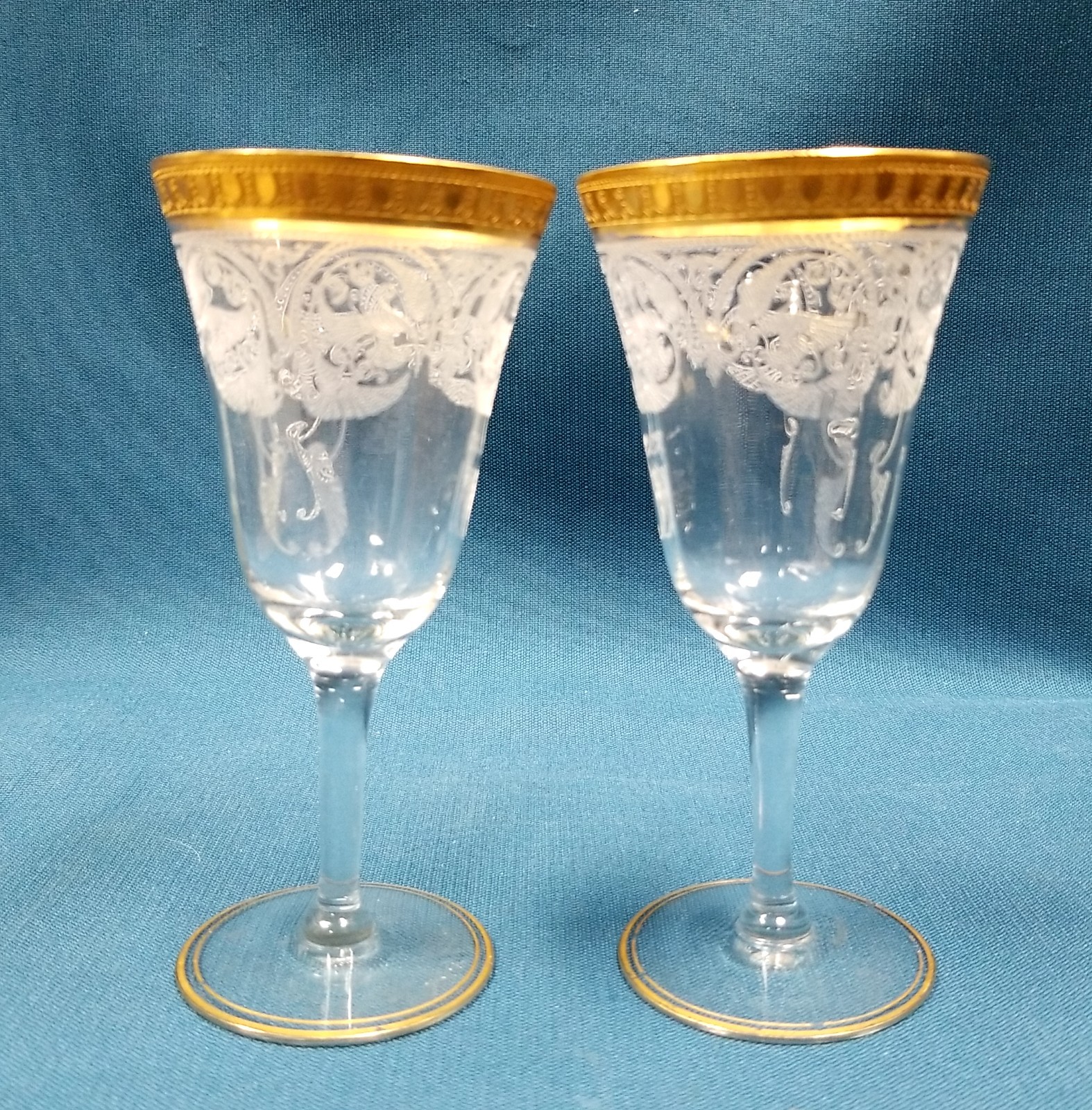 2 Antique Cambridge Etch 704 Etched Liquor Stemmed Glasses Gold Trim