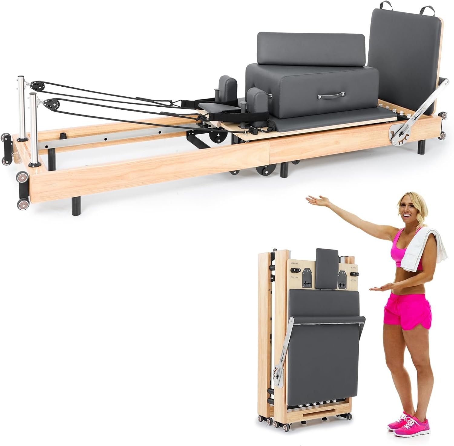 Pilates Reformer Machine,Wood Home Pilates Equipment, Foldable Pilates Reformer