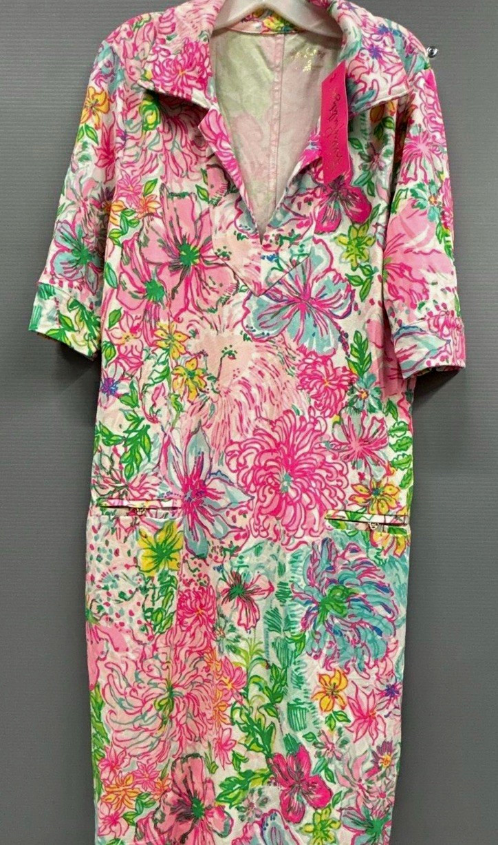 Lilly Pulitzer Women’s S Pink Green Floral Collared 3/4 Sleeve Midi Dress