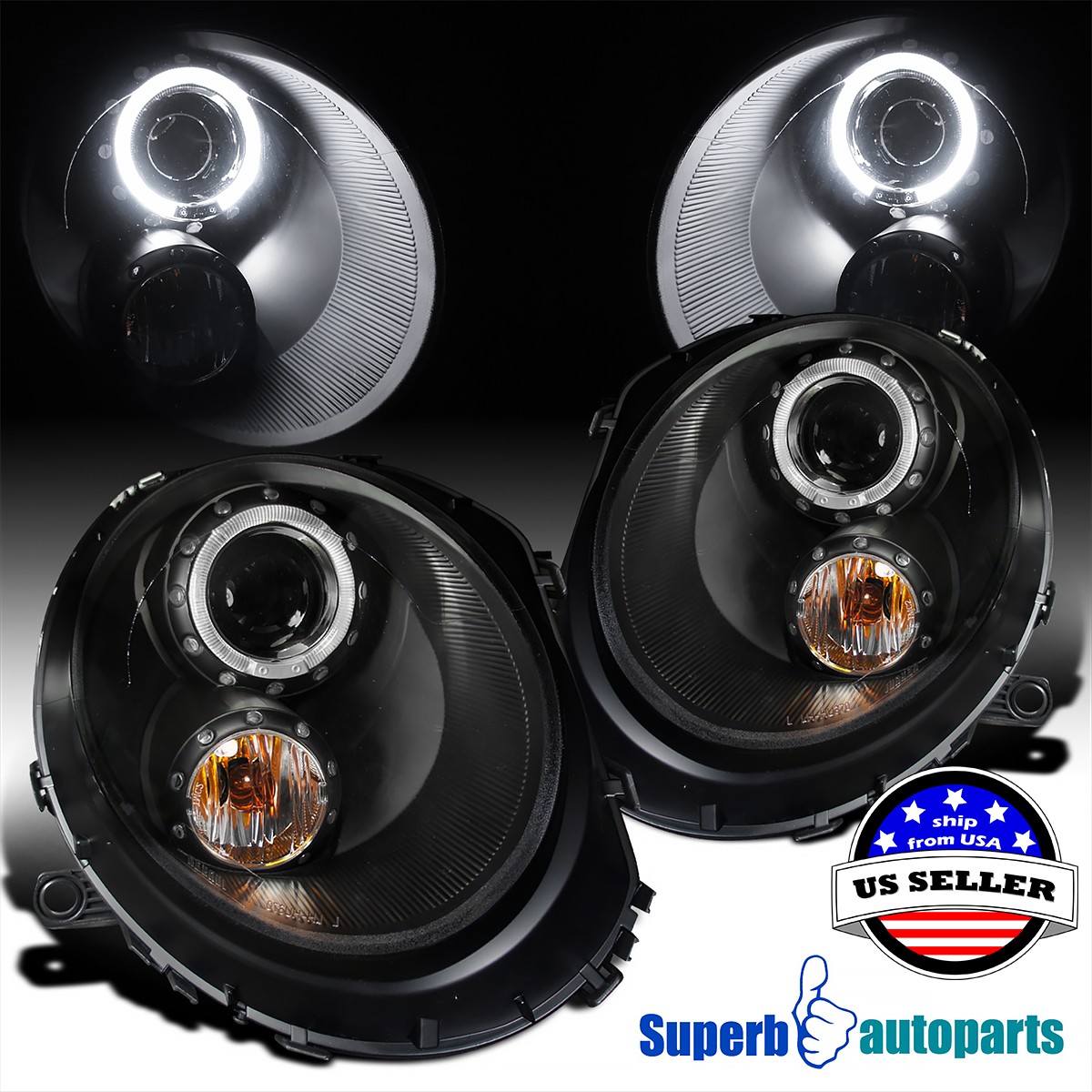 LED Halo Fits 2007-2012 Mini Cooper S Projector Headlights Head Lamps Black