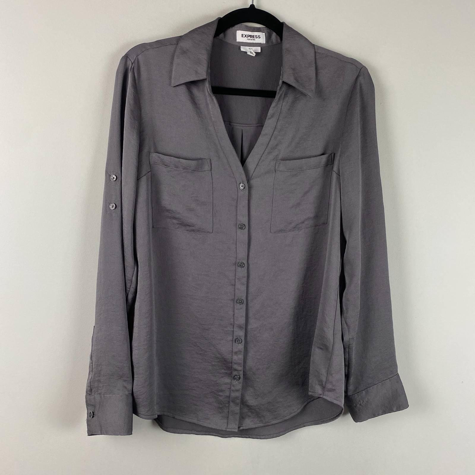 Express Portofino Slim Fit Button Up Shirt Size Medium Solid Gray Roll Tab Slv