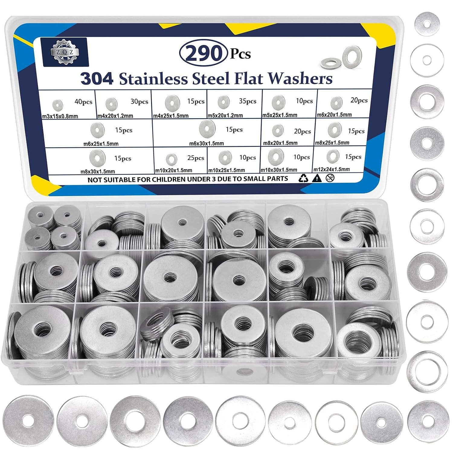 290Pcs Flat Washers, 304 Stainless Steel Fender Washers Assortment, 15 Different