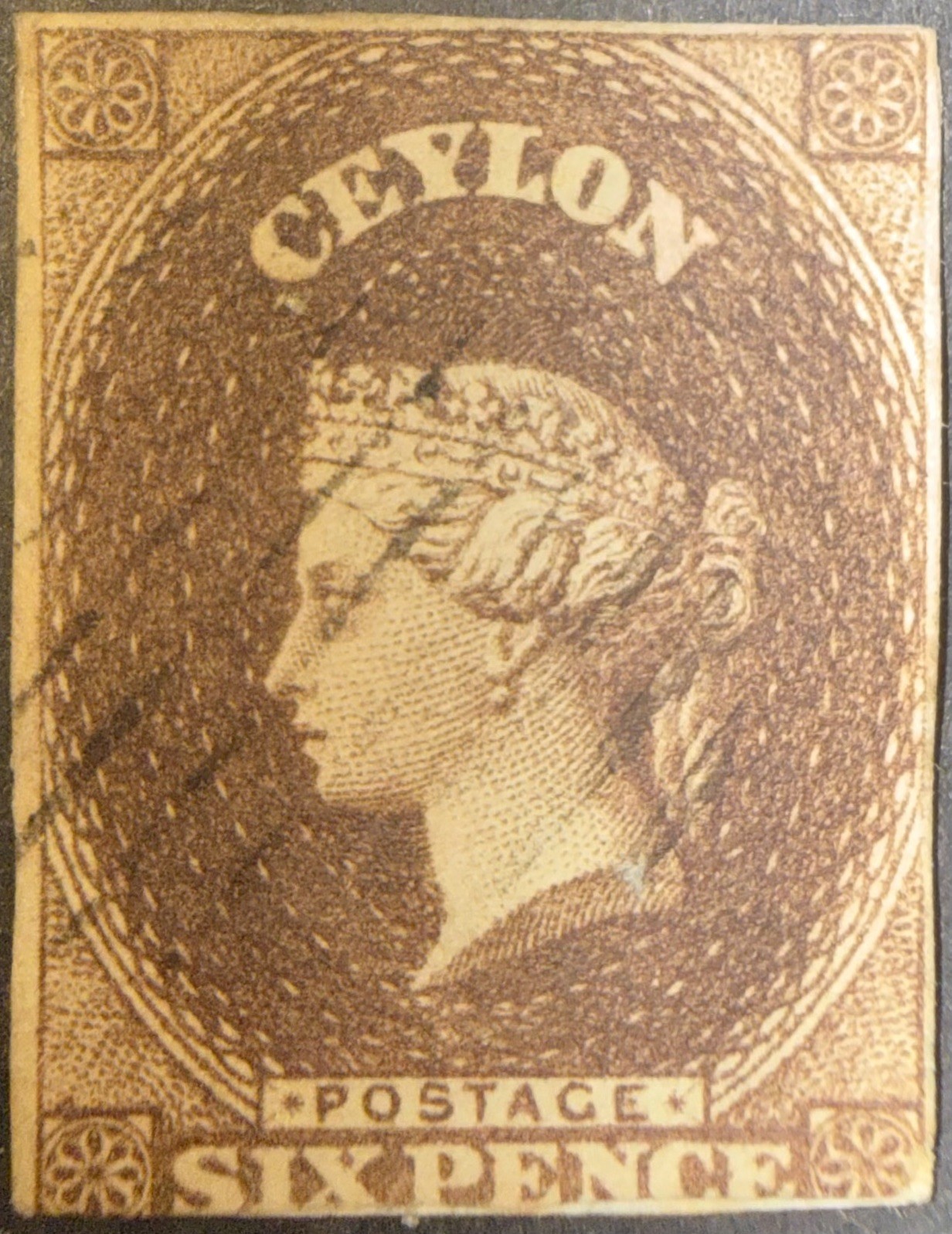 Ceylon QV Stamp 1857 SG6 6d purple brown, good used, close margins, Cat £170