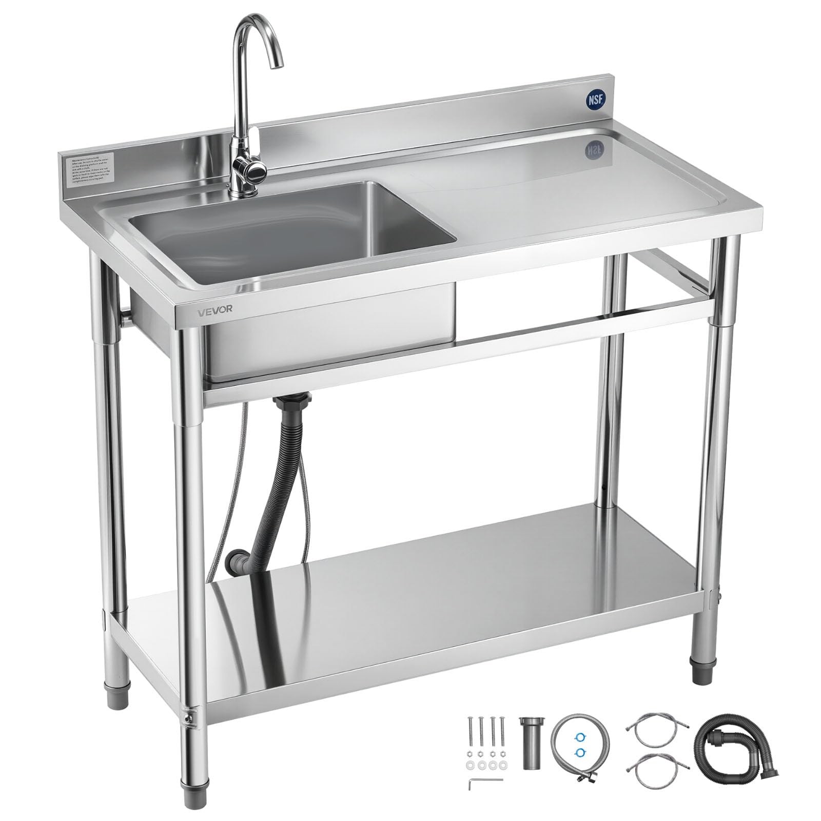 VEVOR Stainless Steel Utility Sink, Free Standing Single Bowl Commercial Kitc...