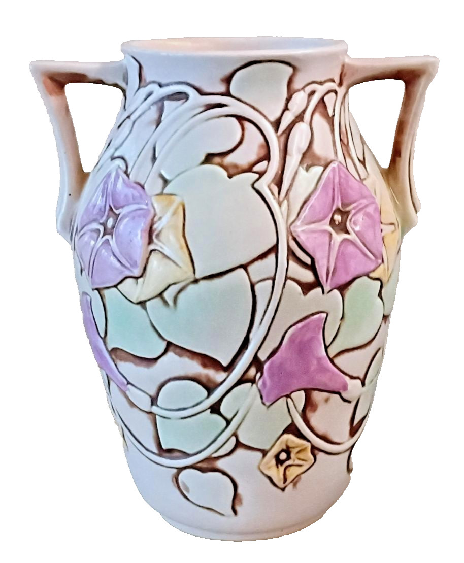 VINTAGE ROSEVILLE POTTERY WHITE MORNING GLORY VASE #727-8 TWO HANDLED ART DECO