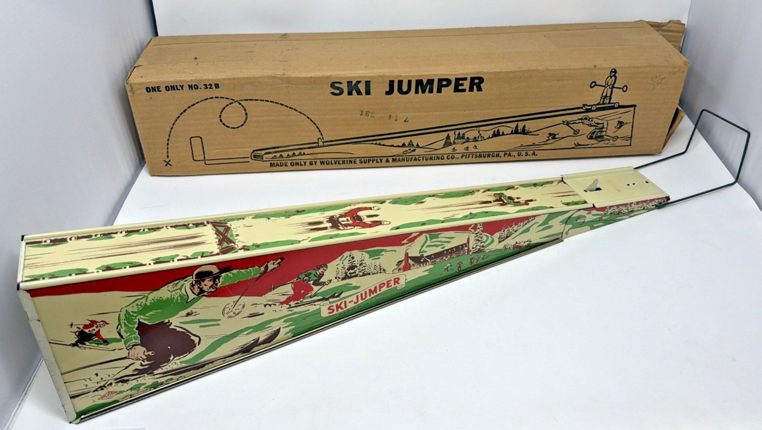 Vintage Wolverine Ski Jumper Tin Litho Ramp Original Box Spring Works No Skier